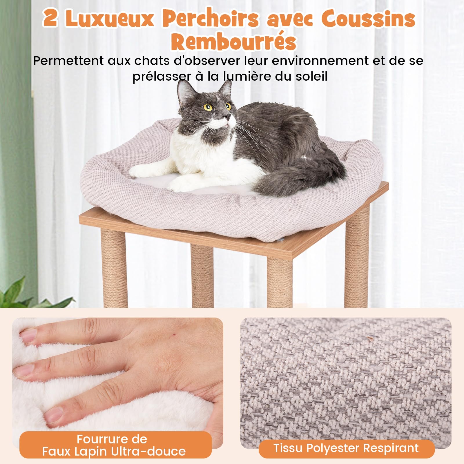 COSTWAY Arbre à Chat en Bois 120 cm - Design Sportif avec 4 Griffoir en Jute, 2 Condos, 2 Plateformes, Panier, Coussins Amovibles et Fourrure de Faux Lapin