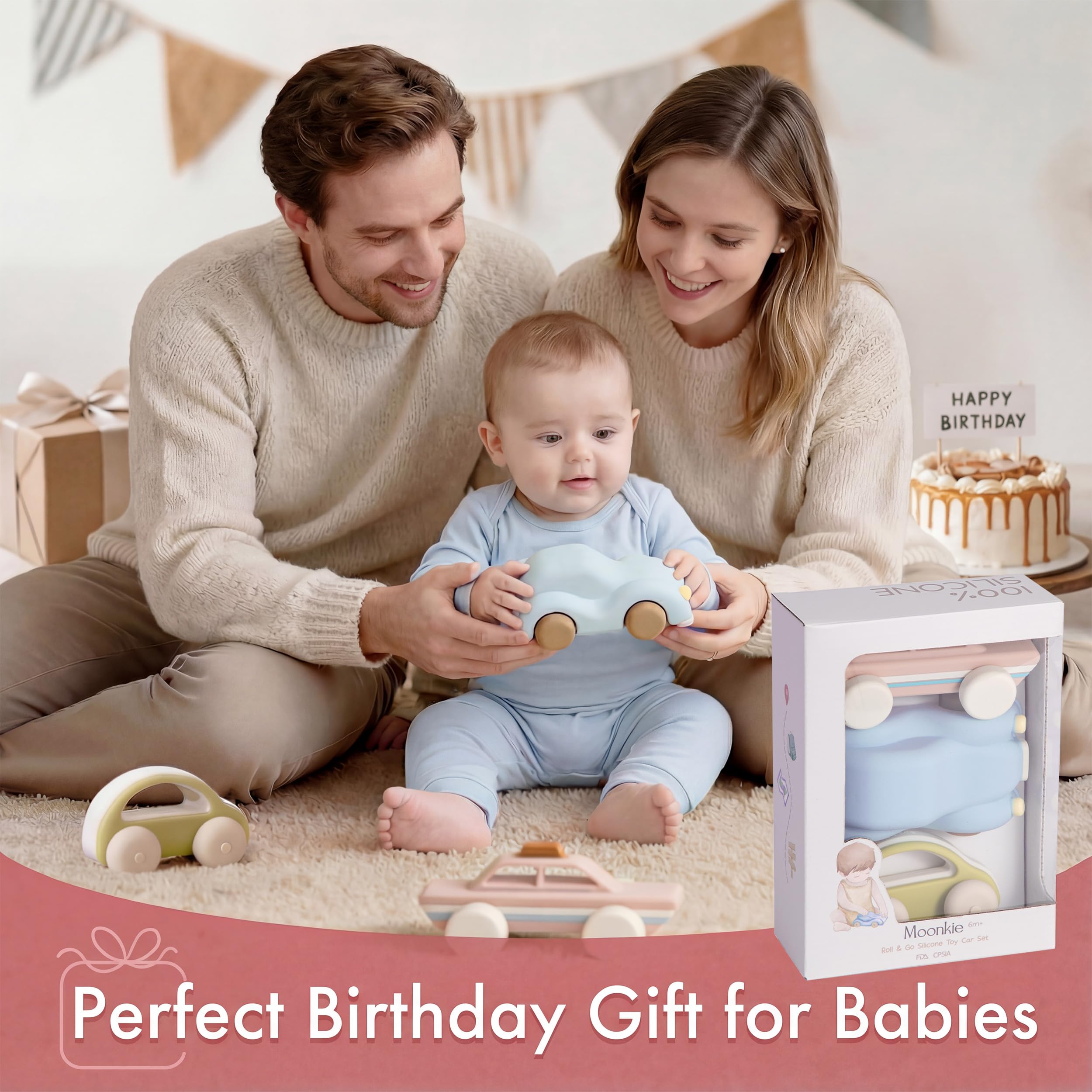 Moonkie Roll & Go Auto Spielzeug Set, 3er Pack, Silikon Spielzeugautos, Beißring Baby, Kinderspielzeug Geschenke Junge&Mädchen 6 Monate + 1 2 3 Jahre, BPA-frei, Sensorik Spielzeug, für Kita& Reise