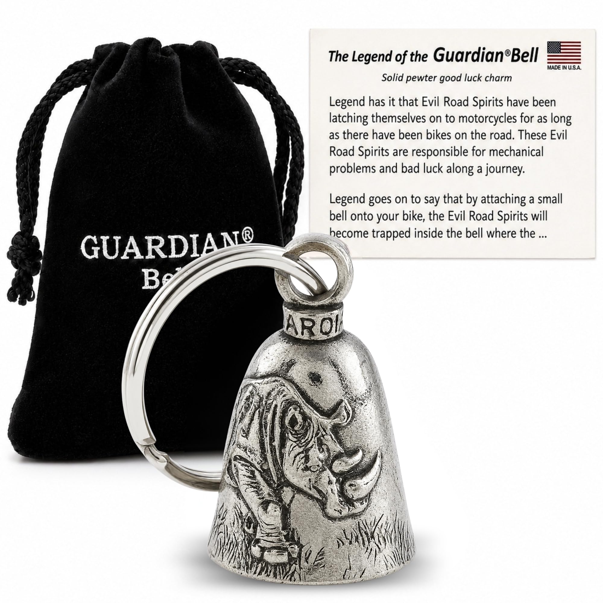 Guardian Bell Animals Good Luck Bell w/Keyring &amp; Black Velvet Gift Bag | Motorcycle Bell | Lead-Free Pewter | Made in USA