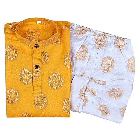 Superminis Baby Boys Fancy Ethnic Wear Cotton Golden Thread Work Kurta with White Color Elastic Dhoti (Yellow, 12-18 Months)