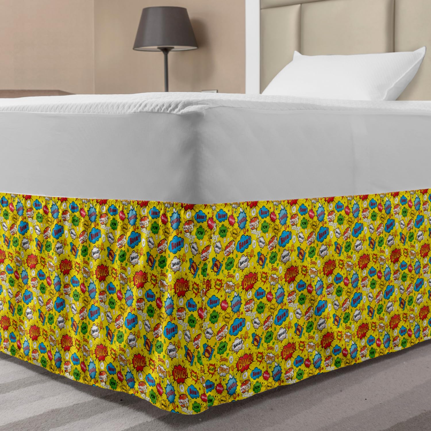 Lunarable Superhero Bedskirt Humor Speech Bubbles Funky Vivid Bang Boom Bam Pow Fiction Design Bedroom Decor Wrap Around