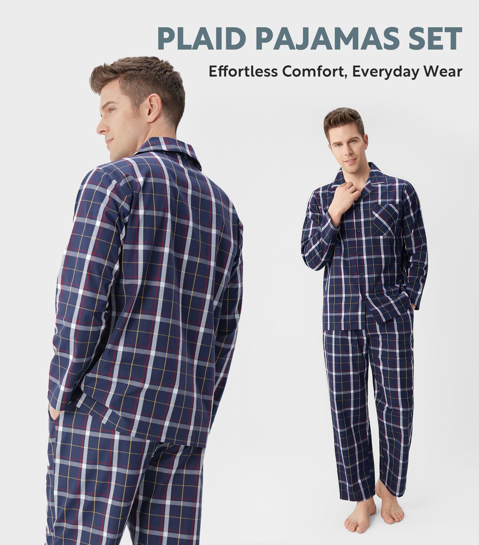 DAVID ARCHY Conjunto de Pijama de algodón para Hombre, Camiseta de algodón de Manga Larga con Pantalones Largos, Ropa de Dormir de Dos Piezas, Ropa de Dormir Suave y Transpirable, Pack de 1