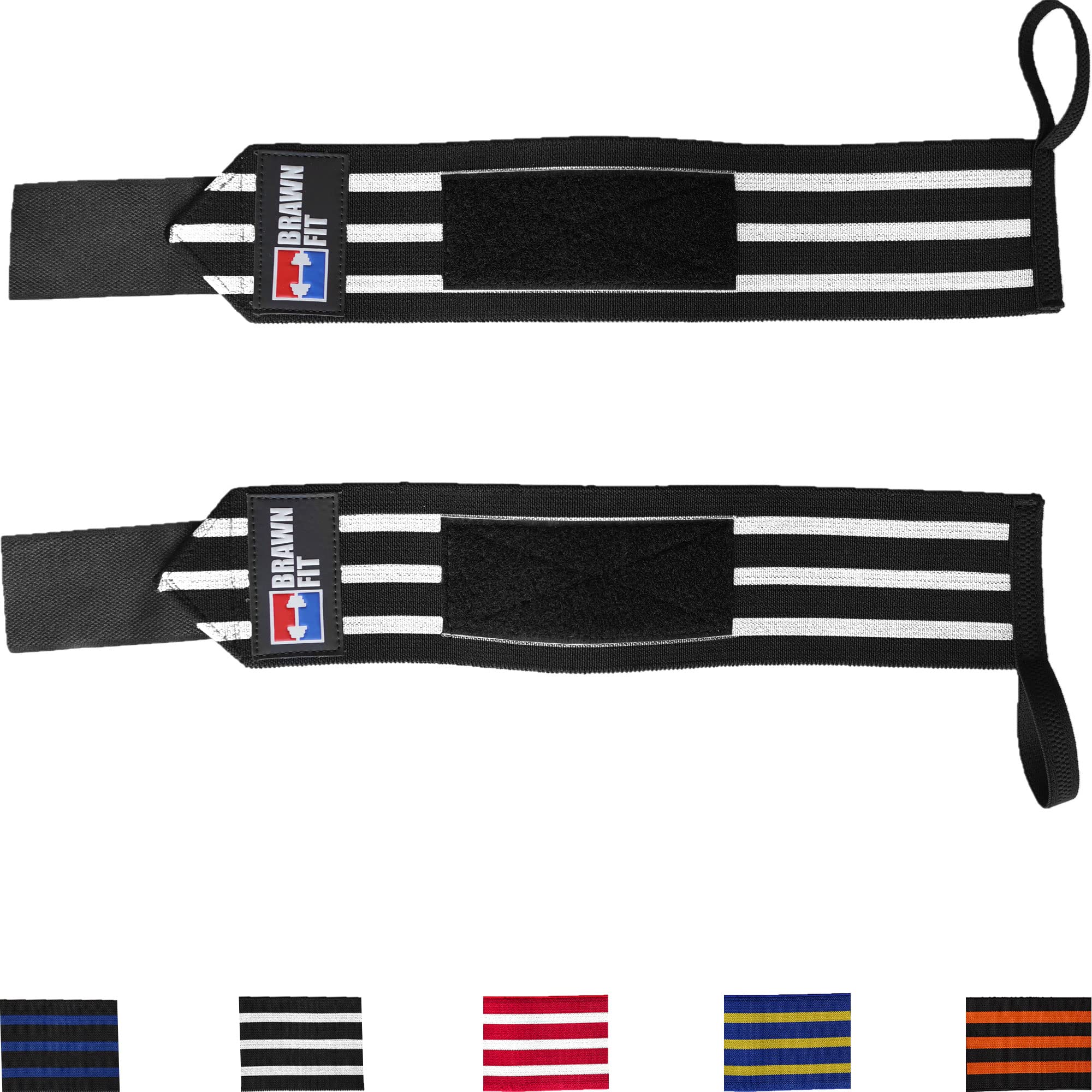 Wrist Wraps 18” Professional Quality by Brawn Fit Powerlifting Bodybuilding Weight Lifting Wrist Supports for Weight Training (Heavy Duty, Black/White)