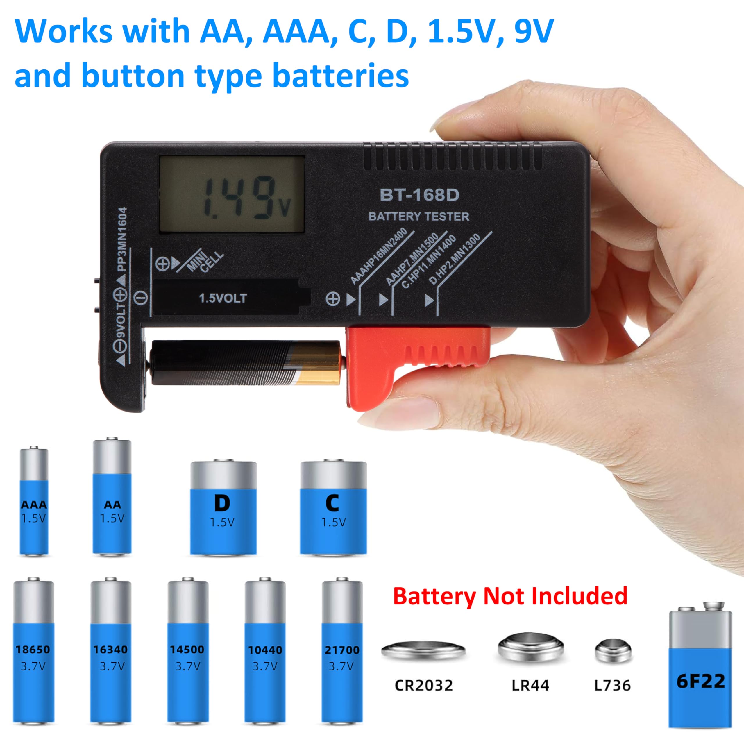 Tunejoy Tester per Batteria Digitale Universale con Display LCD per AA AAA C D PP3 9V 1.5V Bottone