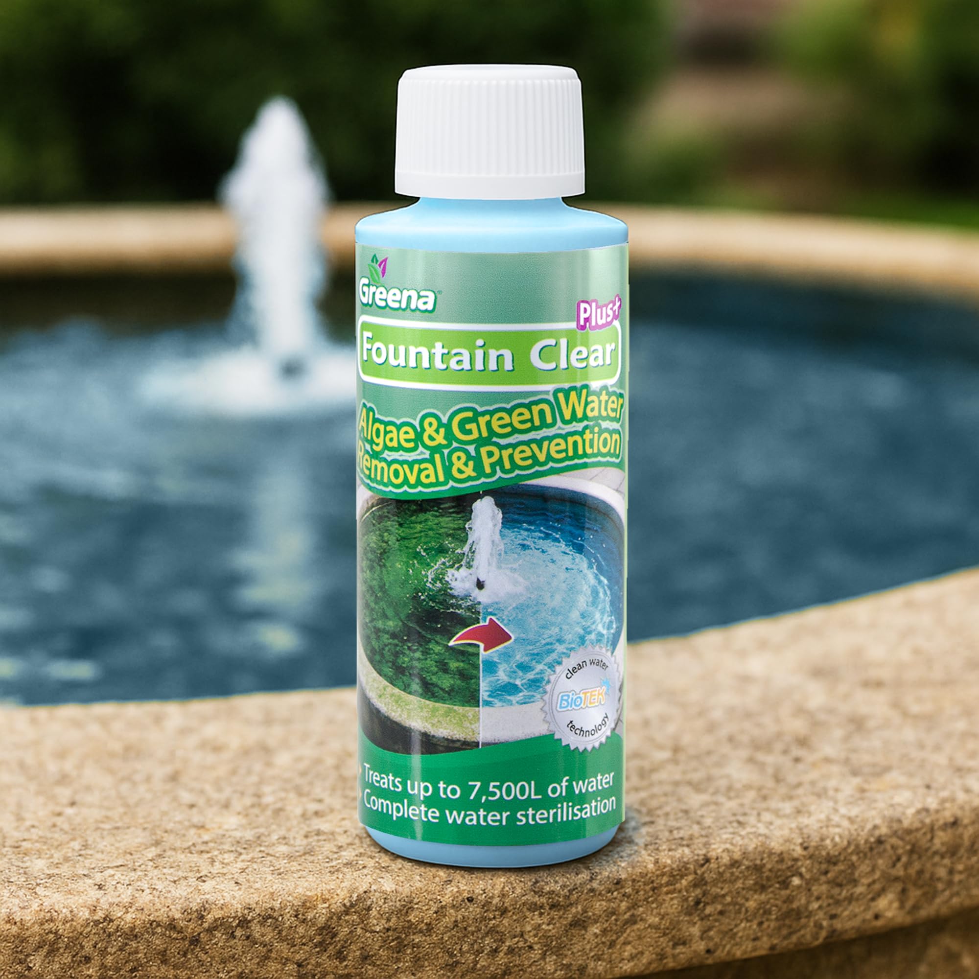 Greena Fountain Clear PLUS 250ml— Remove Algae Fast. Restore Crystal-Clear Water. Removes Biofilm Build-Up For Fountains and Water Features up to 7,500L