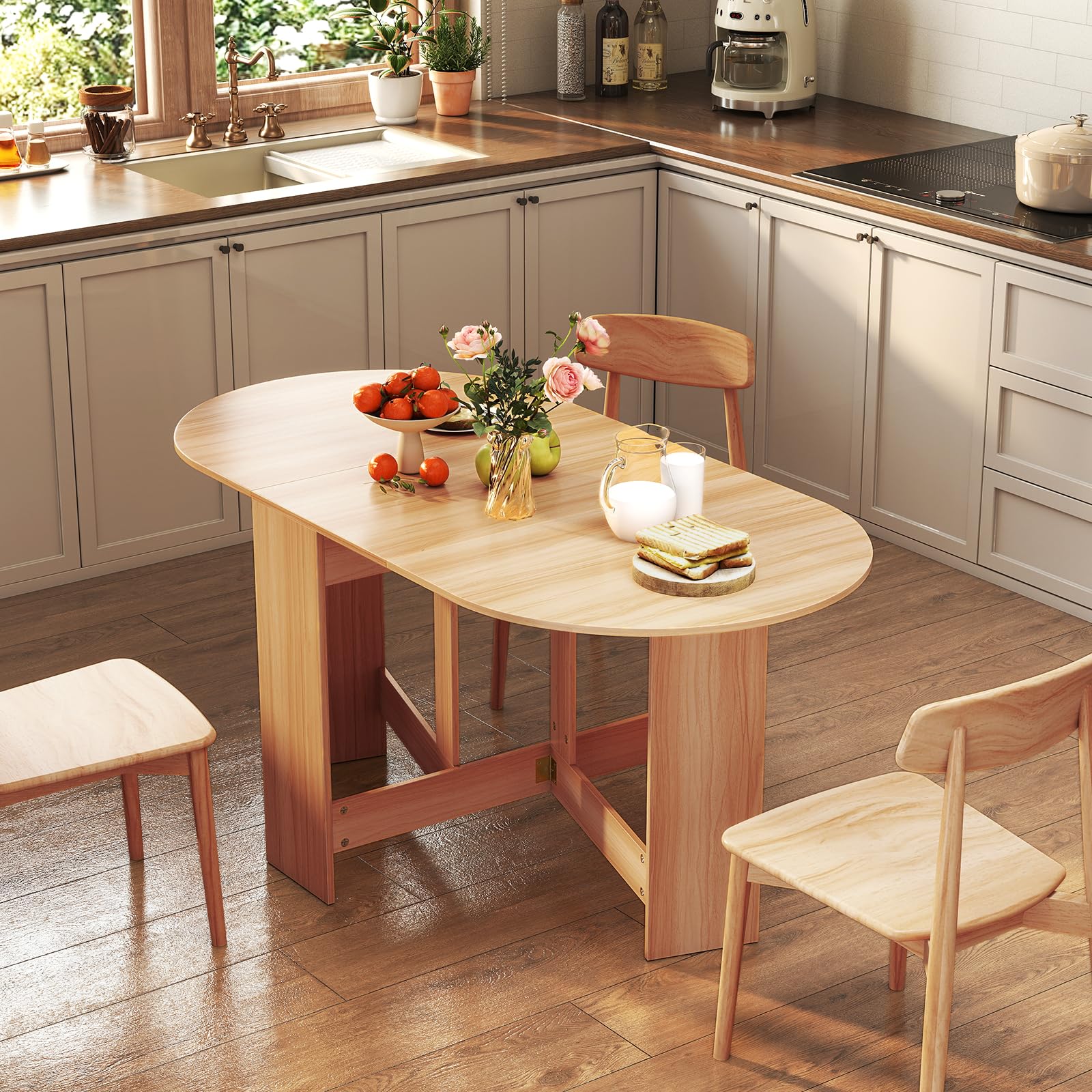 GIANTEX Table Pliante de Cuisine Salle à Manger, Table à Manger en Bois pour 4 à 7 Personnes, pour Salon, Jardin, Balcon, Bureau, Naturel