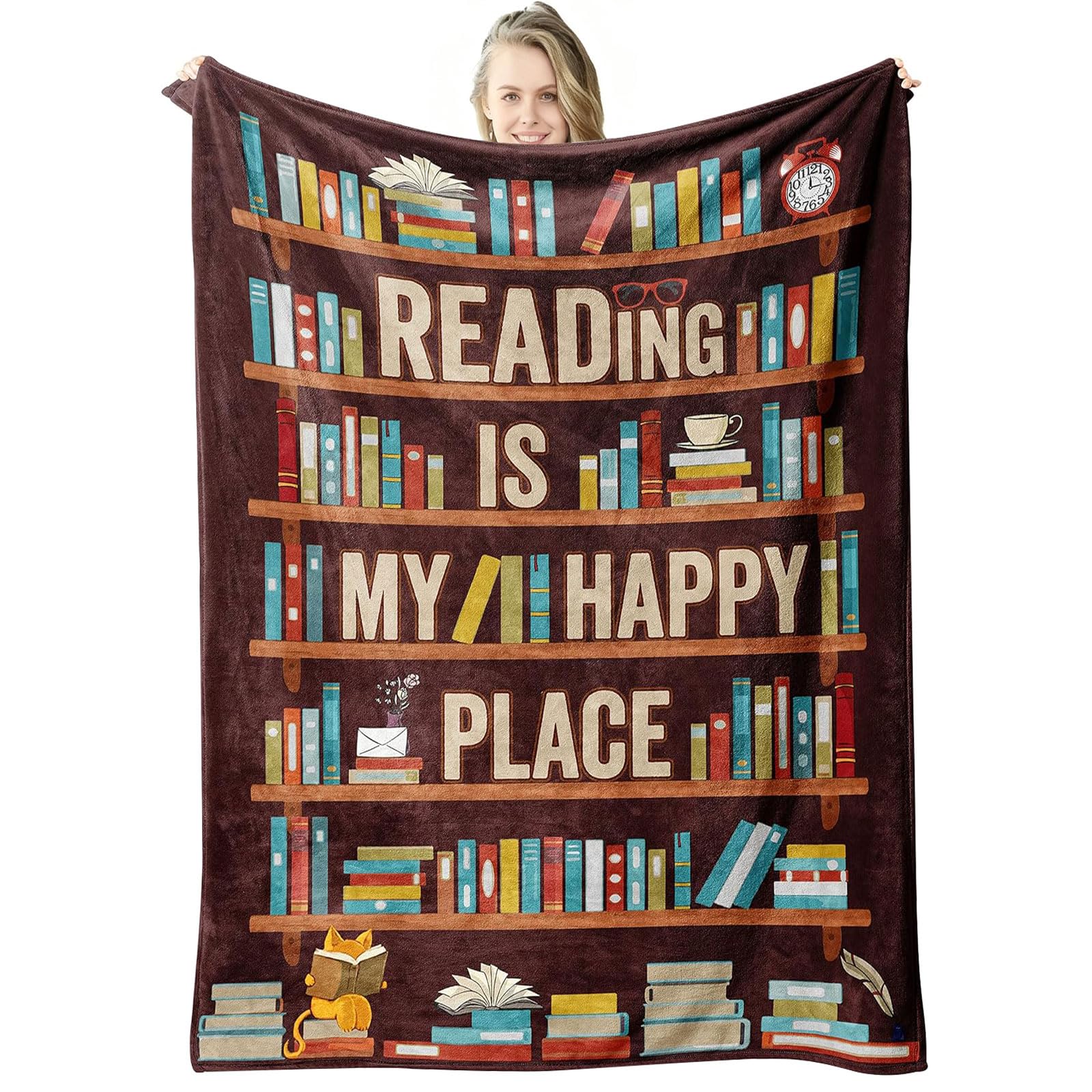 Book Lovers Blanket, 50" x 60" Reading Flannel Throw, Reading gifts, Christmas, Halloween, Birthday Present Ideas, Literary Gifts for Book Lovers, Readers, Bookworm, Librarian, Friends (Brown)