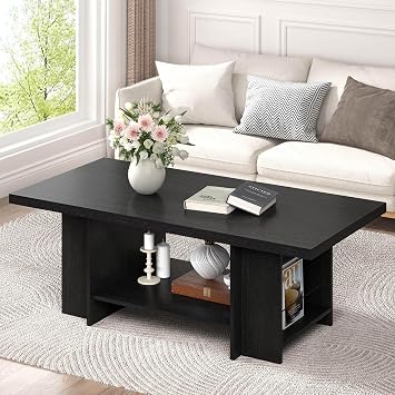 FOLUBAN Black Coffee Table with Storage Bottom Shelf & Side Shelves, Modern 2-Tier Living Room Center Table, Rectangular Wood Cocktail Tea Table for Home Office, 47 Inch