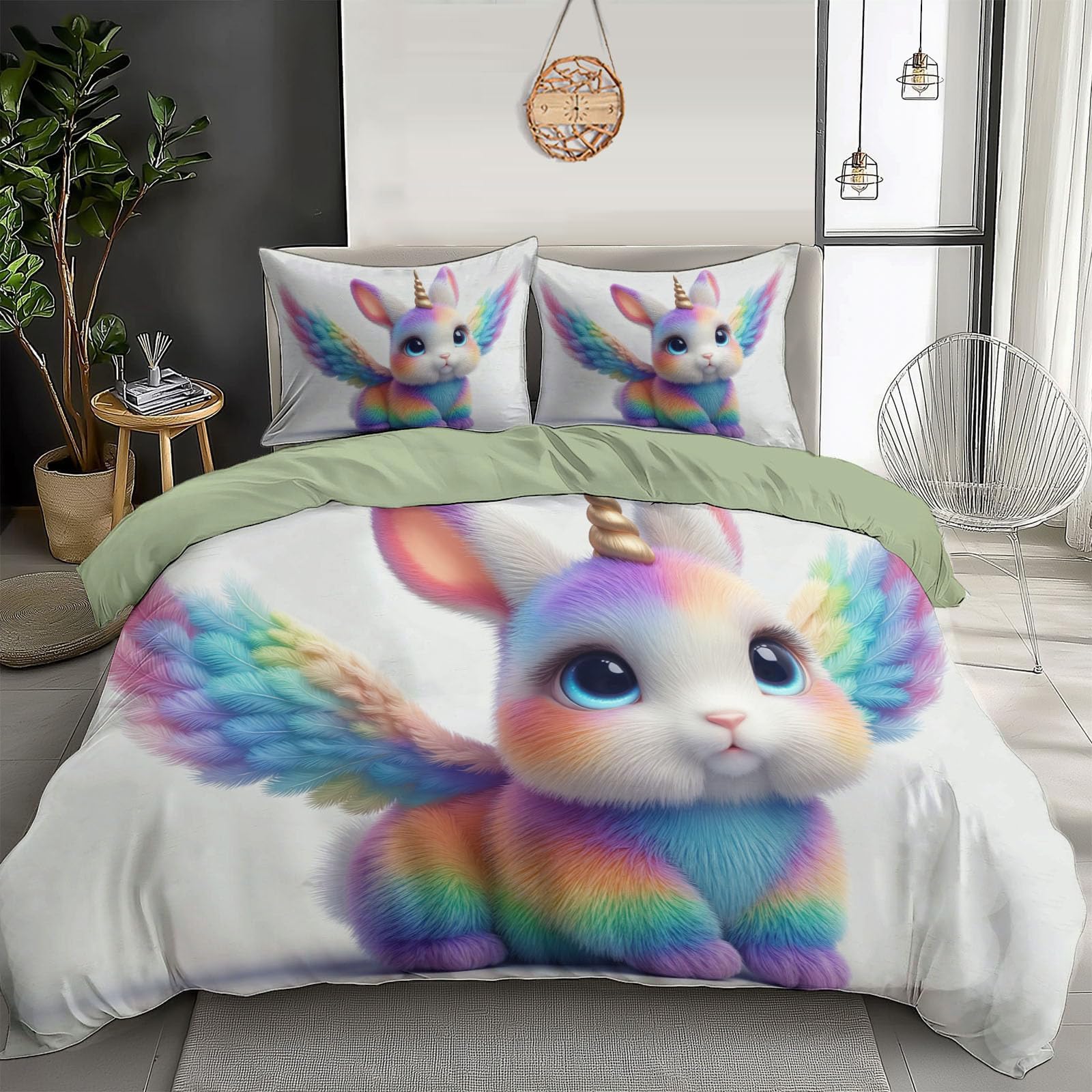 Parure de lit 140x200cm lapin à ailes pour lit enfant une place avec taies