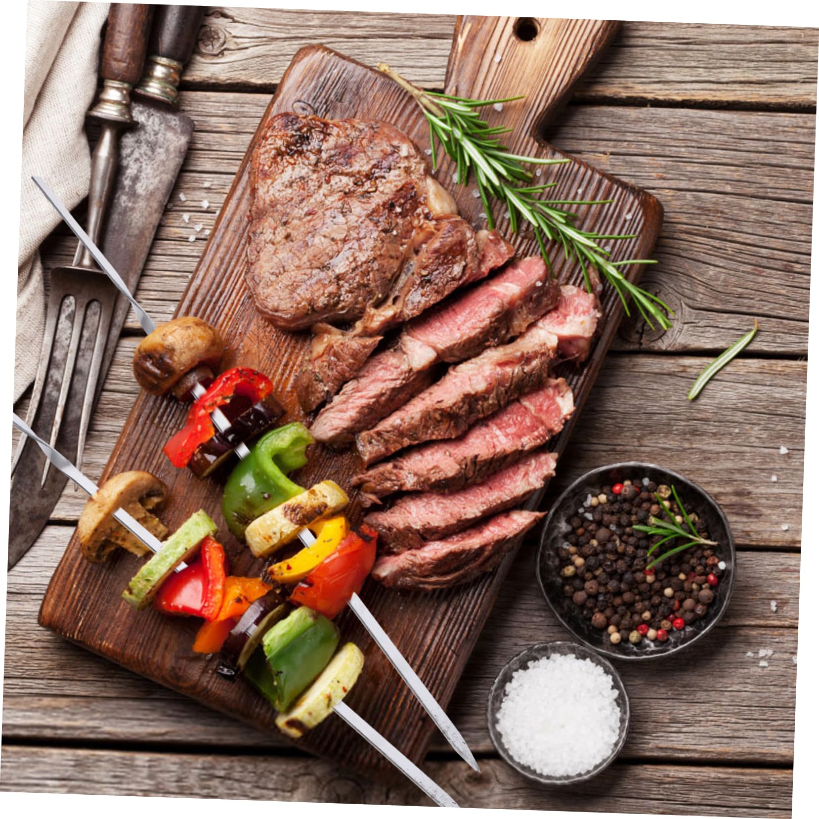 DECHOUS 12Pcs Bbq Stick Needles Set Long Flat Skewers for Grilling Meat Durable Forks for Barbecue Camping and Parties Comfortable Non Slip Grip