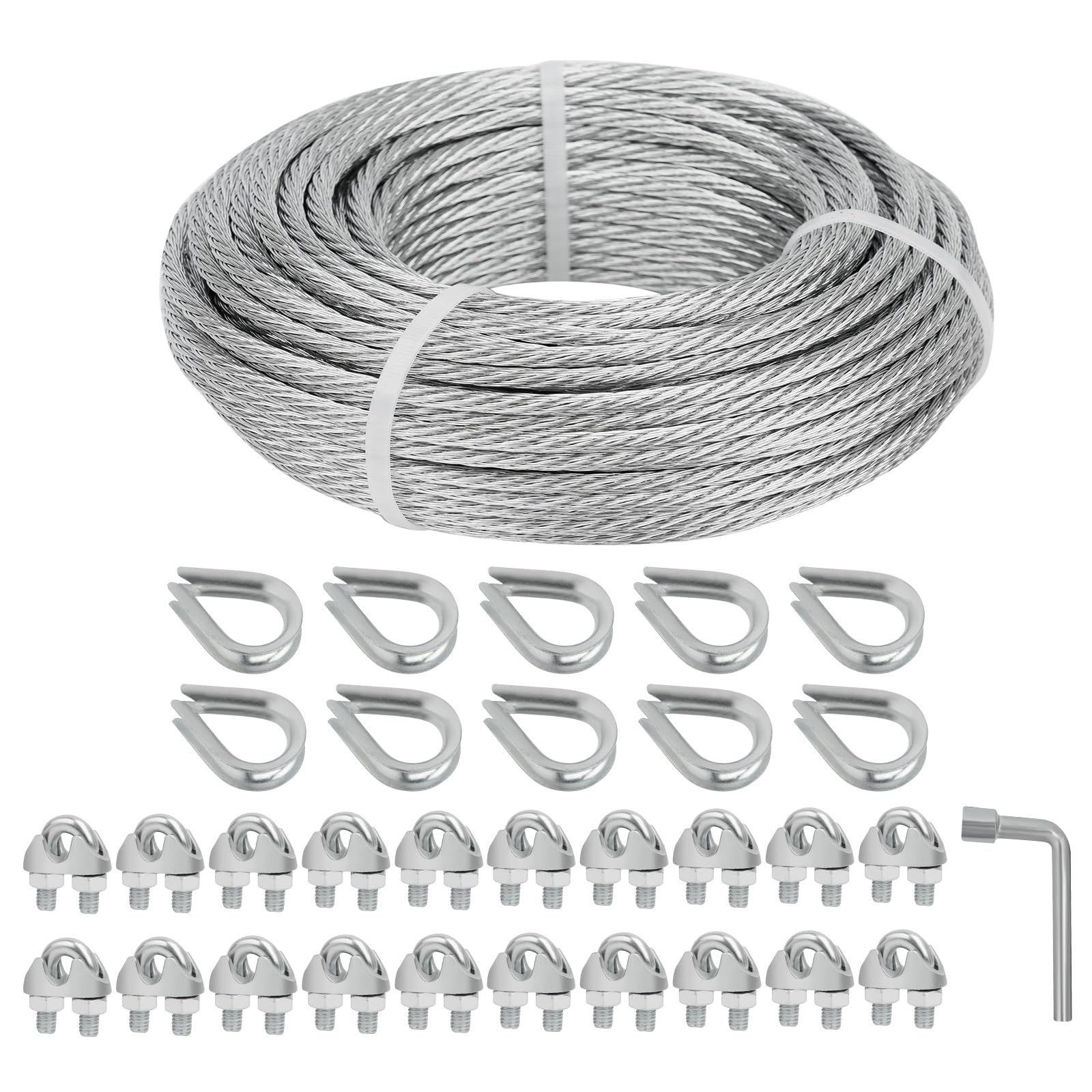 hannger Galvanized Steel Wire Rope Cable, 3/16” Galvanized Steel Cable with Rope Clamp and Thimble, 7X7 Strand Core Aircraft Cable Used for Anchored Shed, Fencing, Sunshade, Clothesline (100ft)