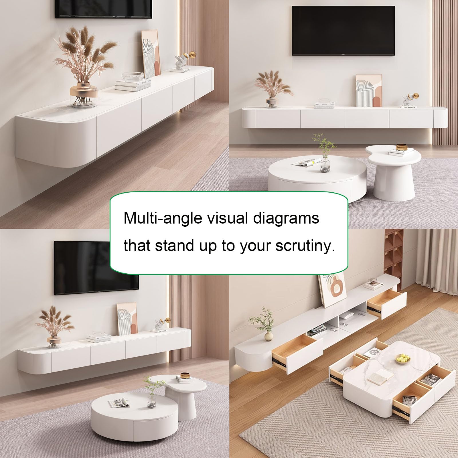 Supporto TV Sospeso In Legno Massello - 160x20x24 Cm, Bianco-Marrone, Fino A 100kg - Foto 3