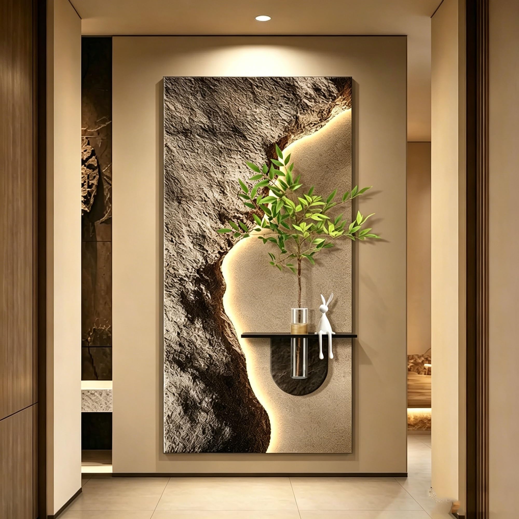 OEPCHEFACX Sandstone Texture Wall Art with LED Lights, 3D Sculptural Relief Wall Decor with Glass Vase, Modern Hanging Mural for Entrance Living Room Hallway(B,100 * 50cm/39.4 * 20in)