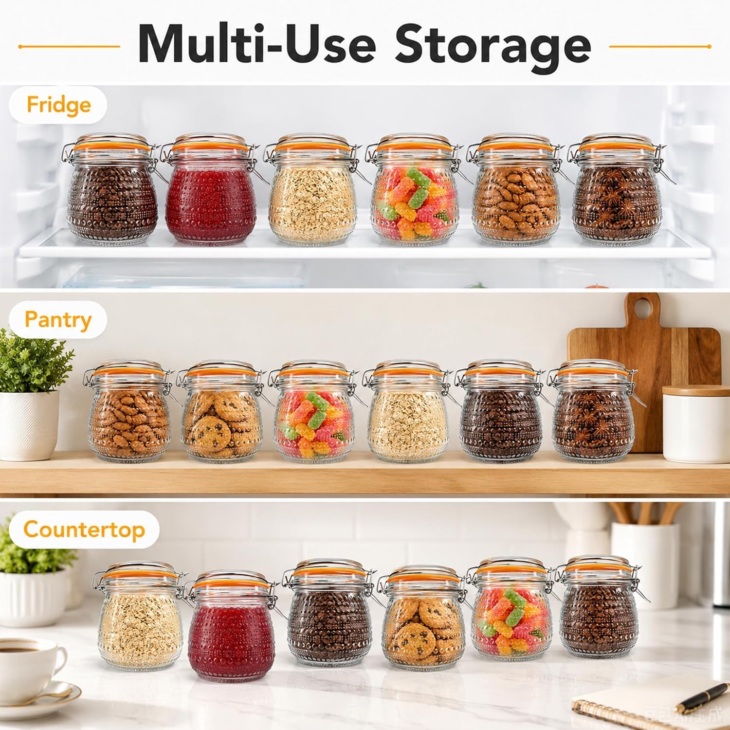 6 barattoli per conserve con chiusura a leva, 500 ml, con coperchio, per marmellate e kimchi, per overnight, avena, meal prep, miele, yogurt