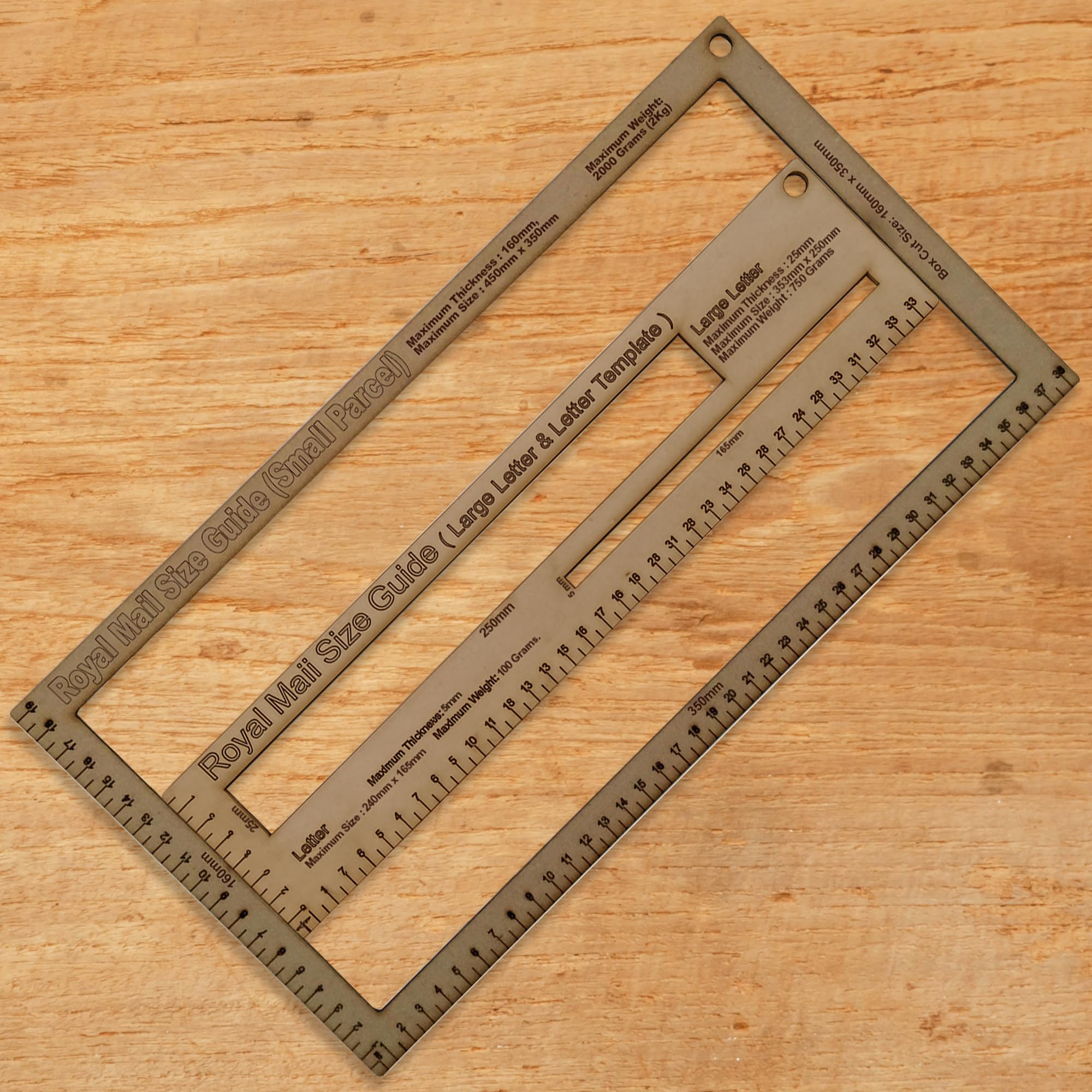 WedDecor UK Wooden Postal Parcel Template, Shipping Mail PIP Ruler with 3pcs Set for Large Letter, Small Letter and Parcel Checks, Royal Mail Pricing in Proportion Size Guide and Mail Gauge Tool
