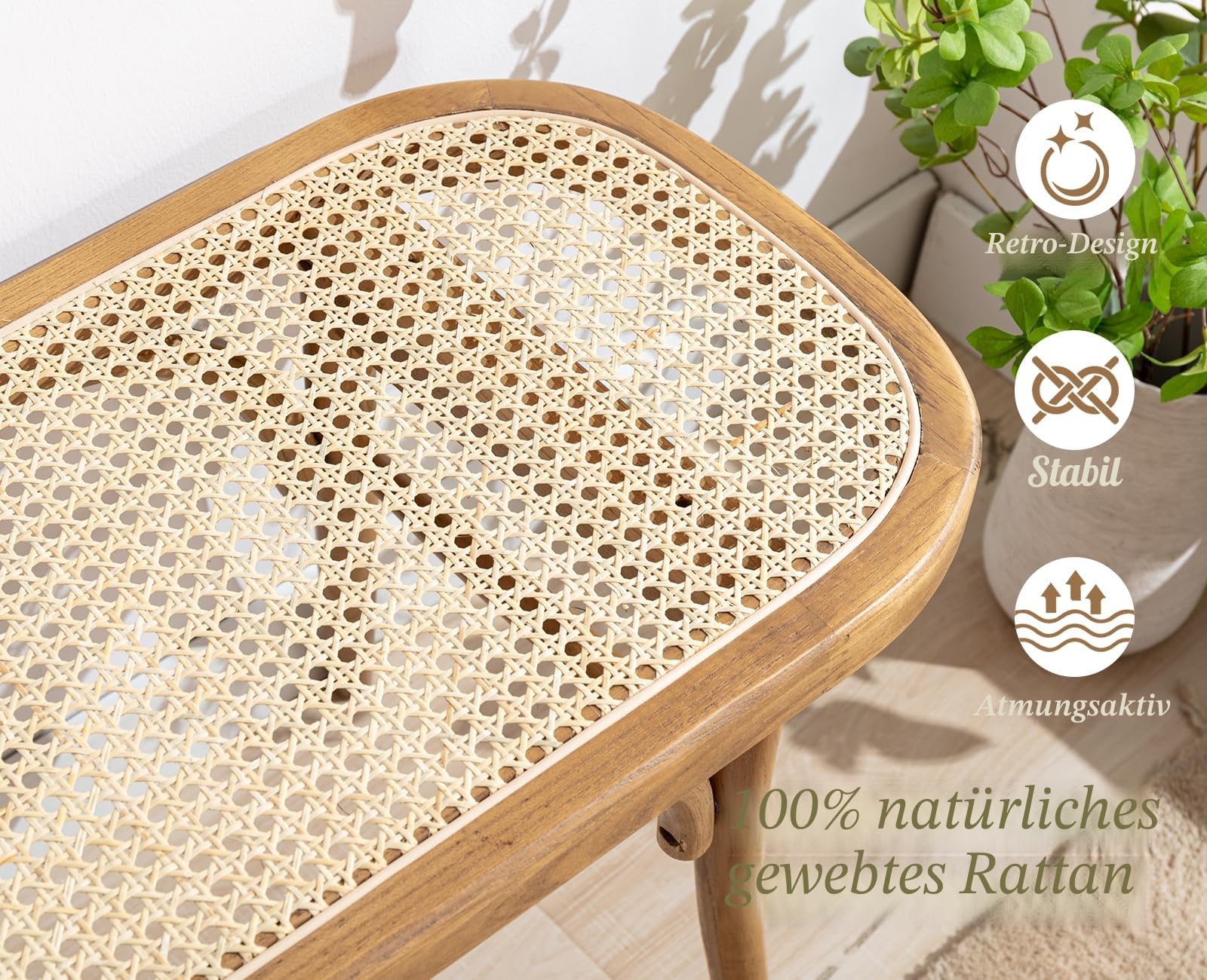 chairus Rattan Sitzbank für Esszimmer Küchenbank aus Holz Retro Eingangsbank - Holzbank für Flur, Bad, Balkon, Schlafzimmer 115x37x47 cm (Naturholz)