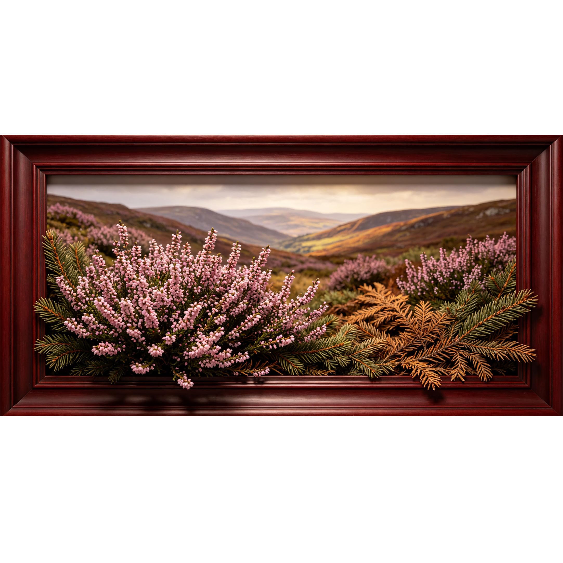 Agglomerix 3D Framed Wall Art Scottish Highlands Heather Mountain Landscape Botanical Realistic Detail Large Size SelfAdhesive Removable Wall Decor Prints Artwork for Living Room Bedroom Office
