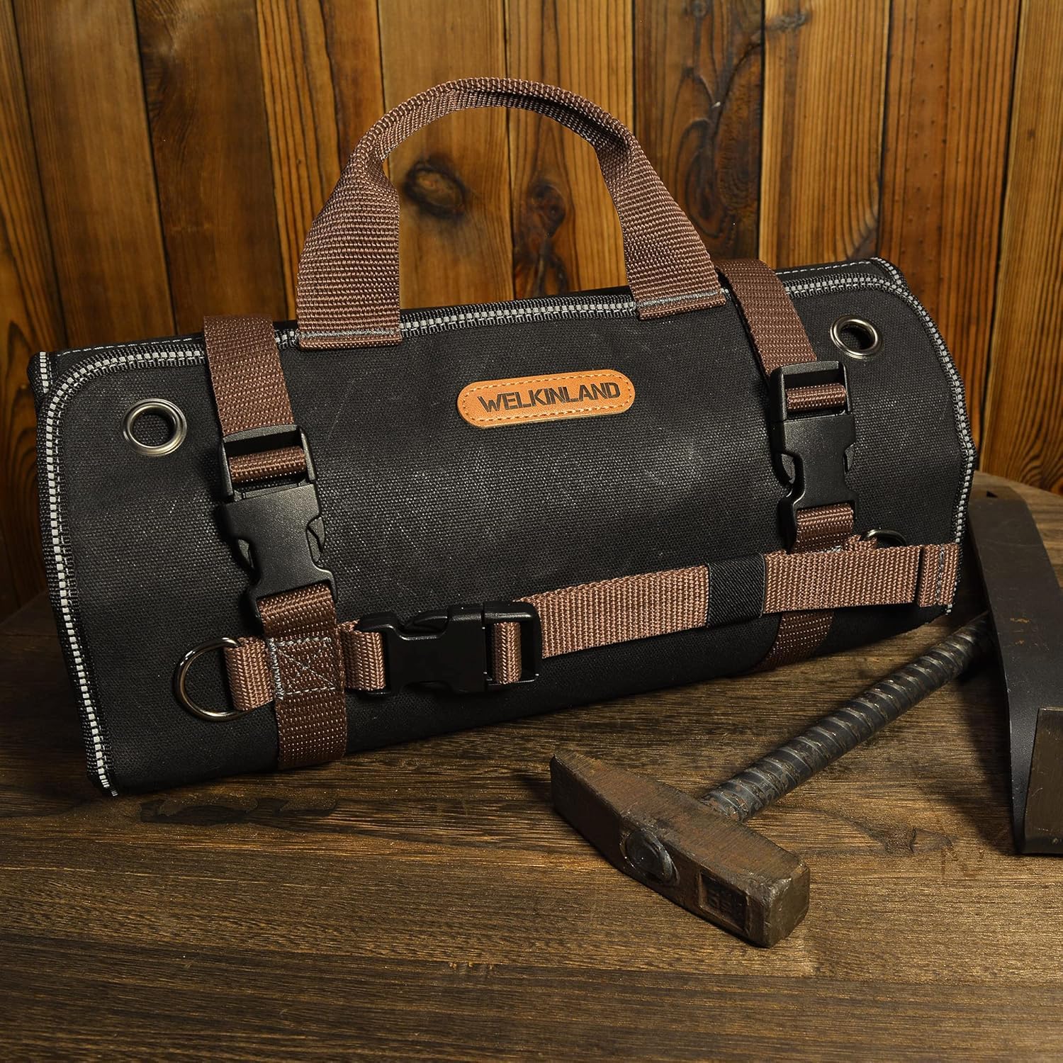 WELKINLAND Rouleau à Outils en Toile Cirée Robuste - 15 Poches, Capacité 15 L, Sac à Outils Enroulable, Organisateur