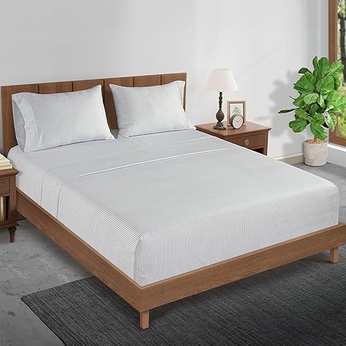 Miniatura 2 de LANE LINEN - Juego de sábanas tamaño California King, 450 hilos, 100% algodón, de satén, con bolsillo profundo, refrescantes, 4 piezas, a rayas