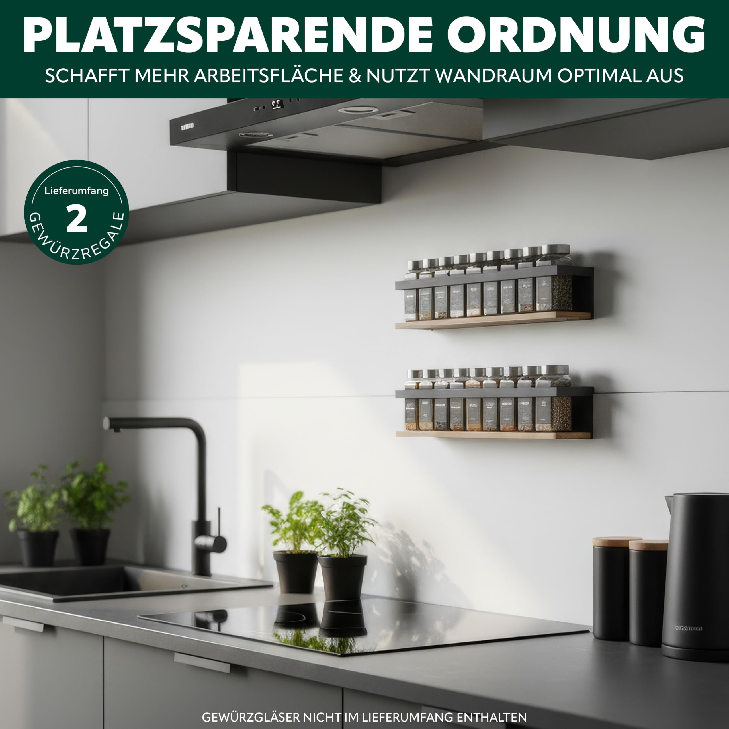 eluno Gewürzregale 2er Set mit Bambusboden, platzsparende Gewürzhalter zur Wandmontage zum Kleben oder zum Bohren - Regale schaffen mehr Ordnung auf der Arbeitsfläche, aus Metall (Schwarz)