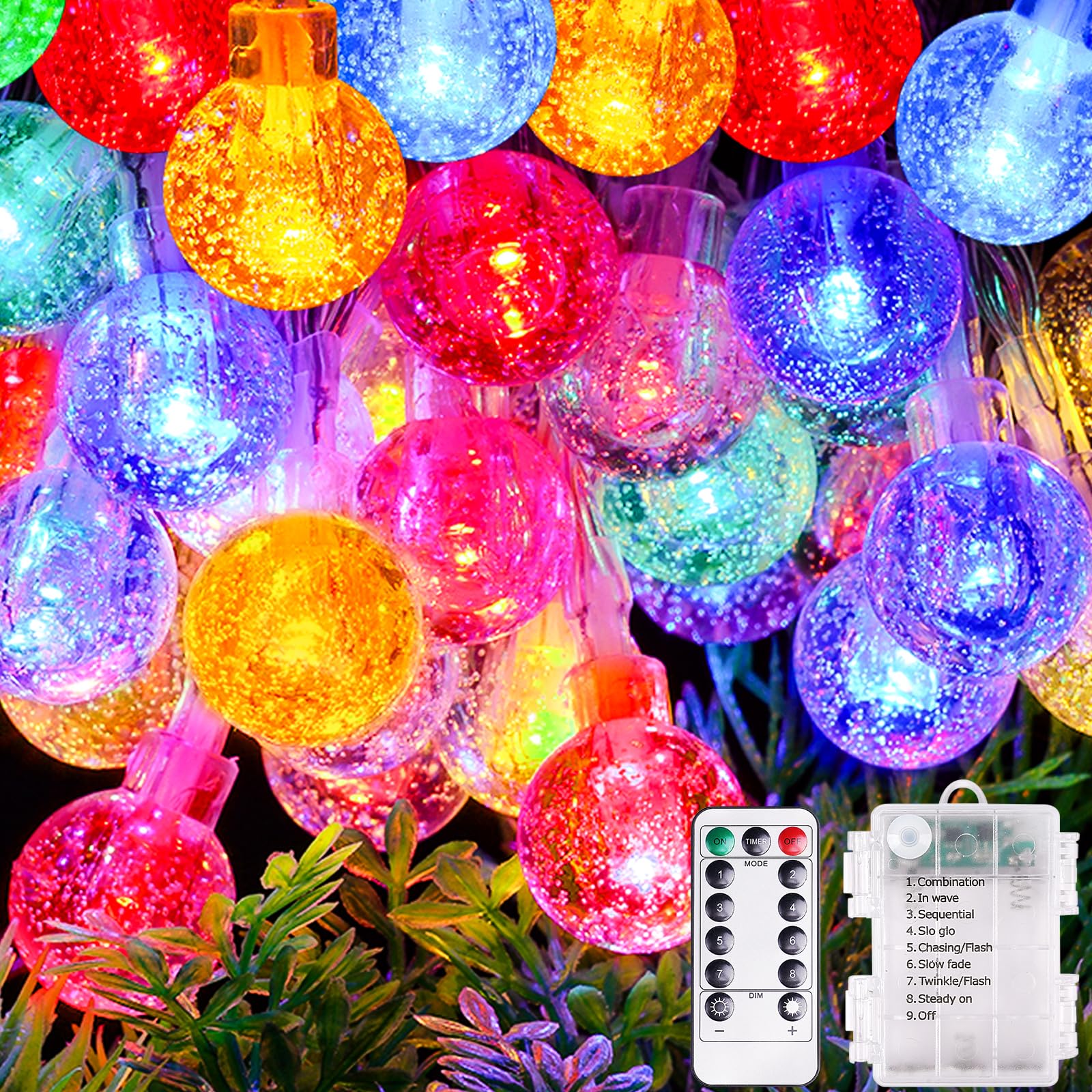 AUAUY LED Lichterkette Außen Batterie, 10M 100 LED Kristall Kugel Lichterkette mit Fernbedienung, 8 Modi Wasserdicht Lichterketten für Weihnachten Fenster Treppen Gärten Pavillons Hochzeiten-Bunt