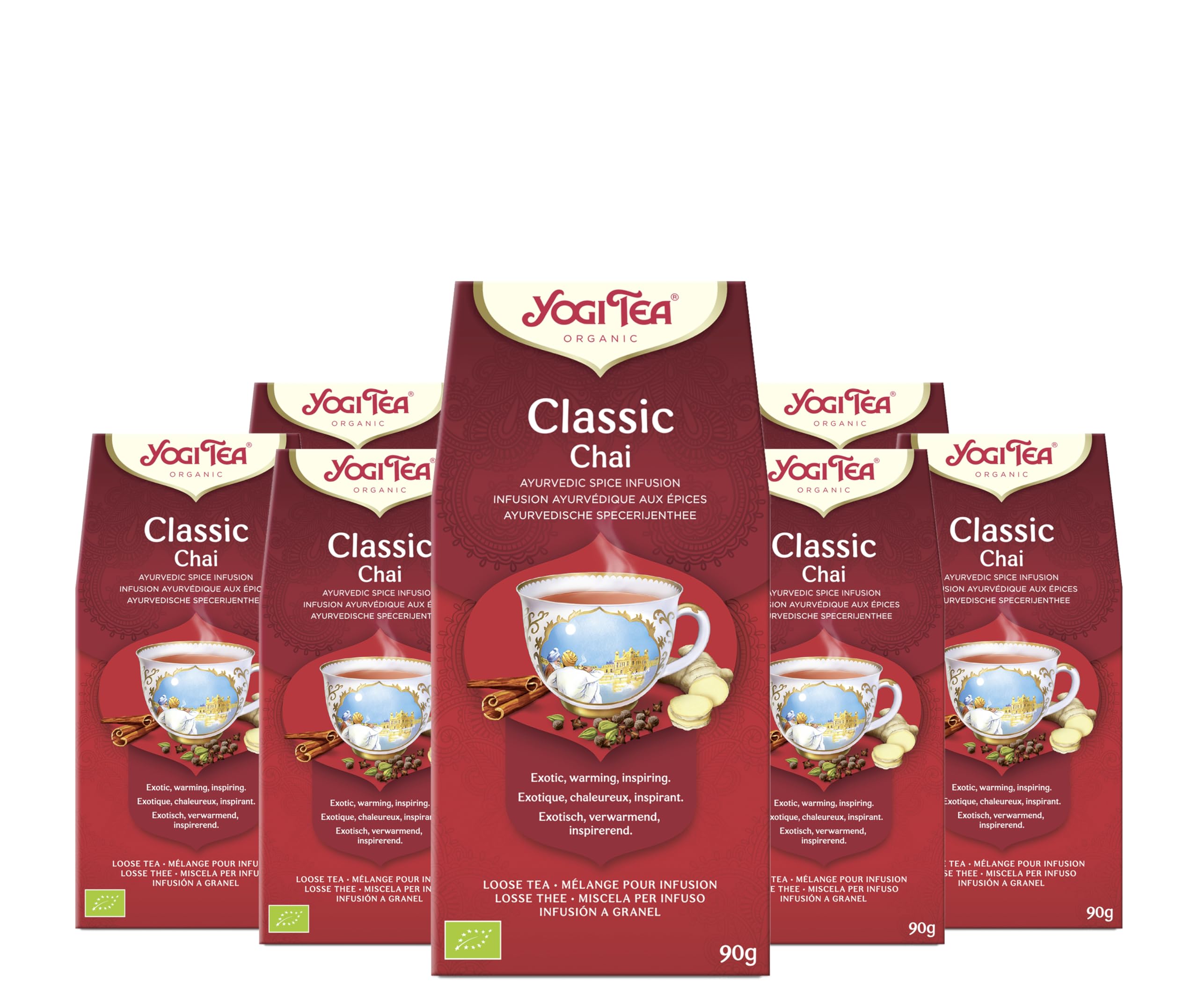 Yogi Tea, Classic Chai, Organic Spice and Herbal Tea, Caffeine Free, Blend of Cinnamon, Cardamom and Ginger, Loose Tea, 8 Packs x 90g