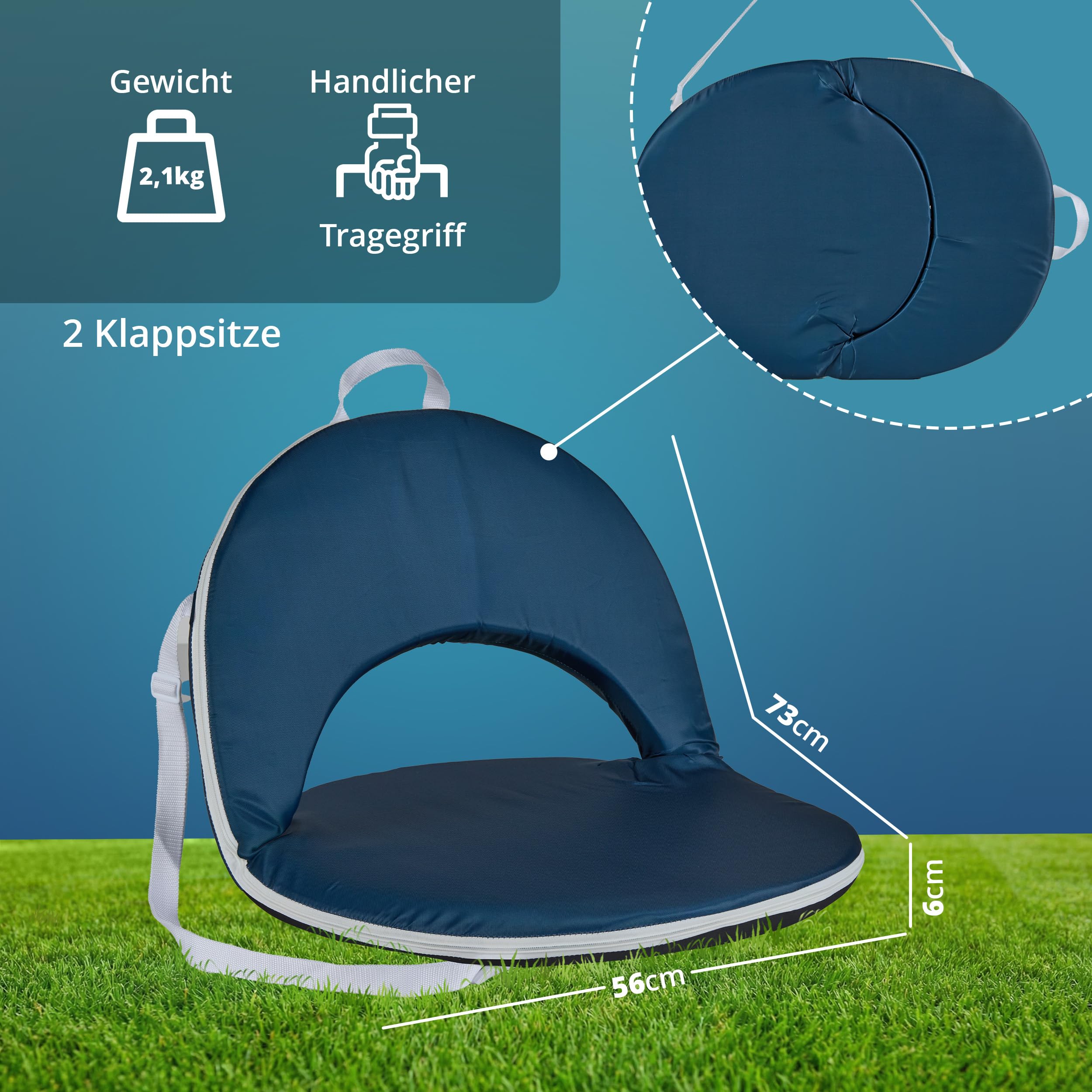 KHG Sitzkissen 2 Stück blau, Strandliege mit Verstellbarer Rückenlehne | faltbarer Bodenstuhl aus Polyester und Stahl-Gestell mit Schulterriemen für Strand, Park usw, 2 kg 55x5x75 cm