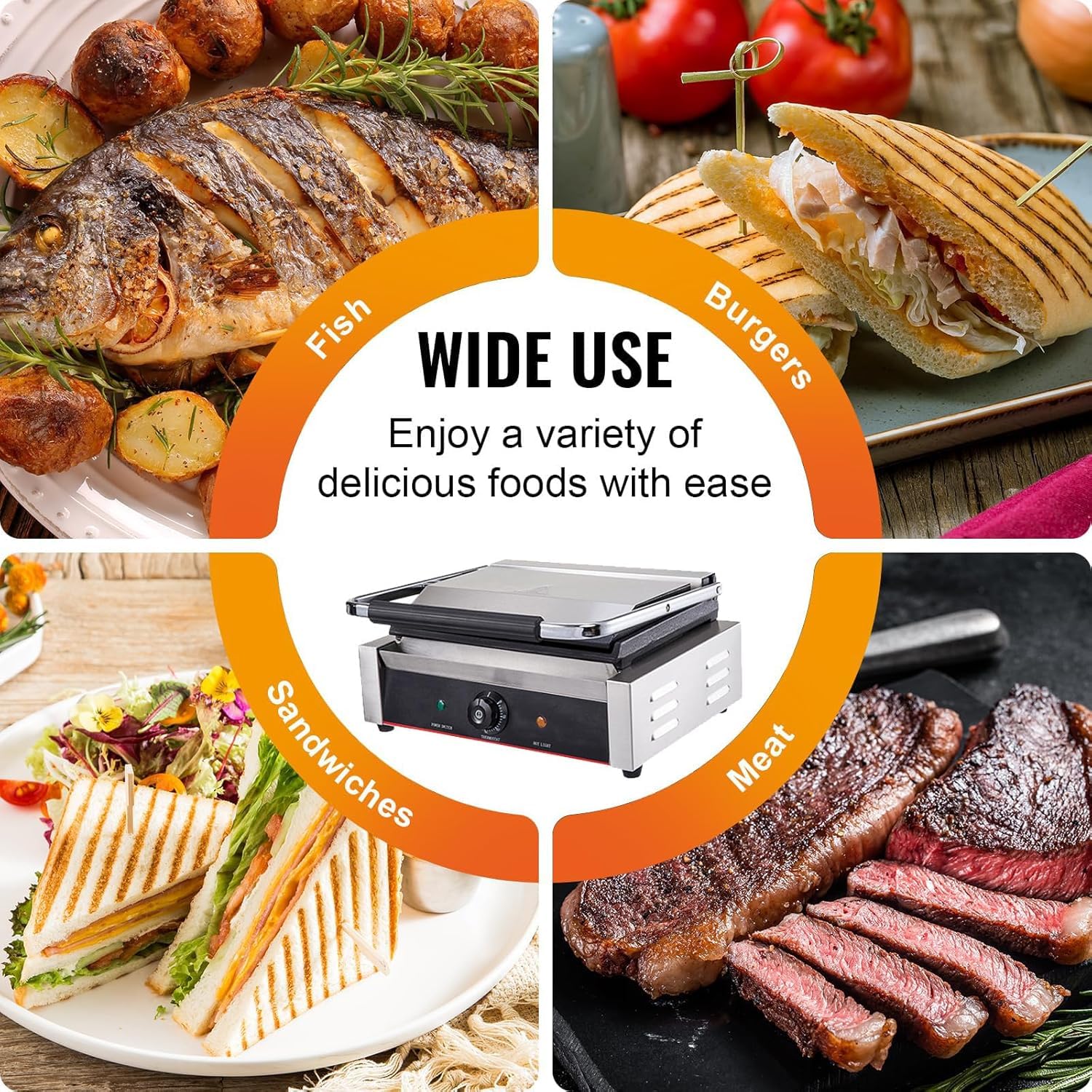 Piastra per Sandwich in Ghisa da 1800 W, Pressa Professionale per Panini, Griglia per Panini da 50°c A 300°c, per Hamburger, Bistecche, Pancetta, Panini, Salsicce