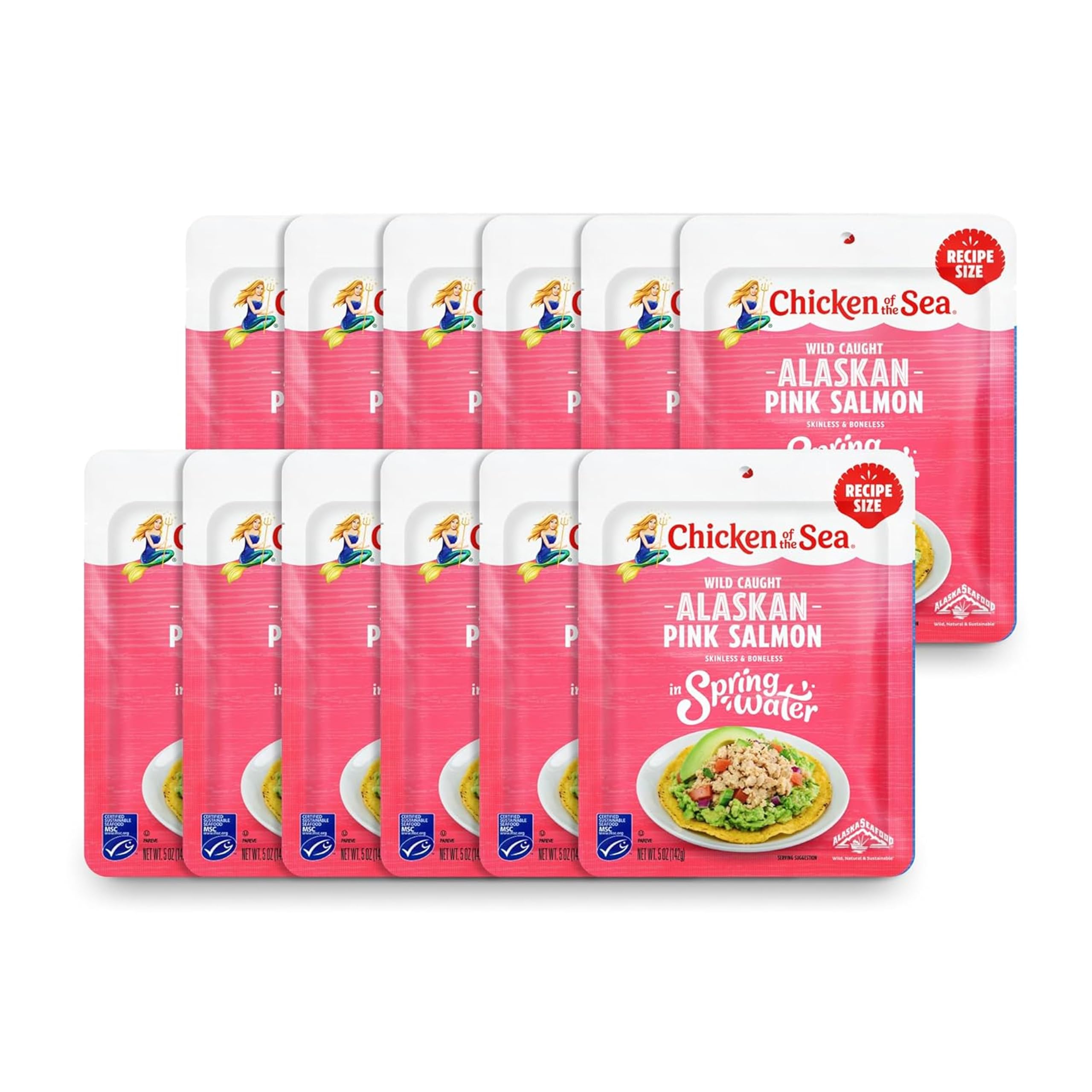 Chicken of the Sea Alaskan Pink Salmon in Spring Water, 5 Ounce Packets (Pack of 12), Wild Caught Salmon, Skinless & Boneless