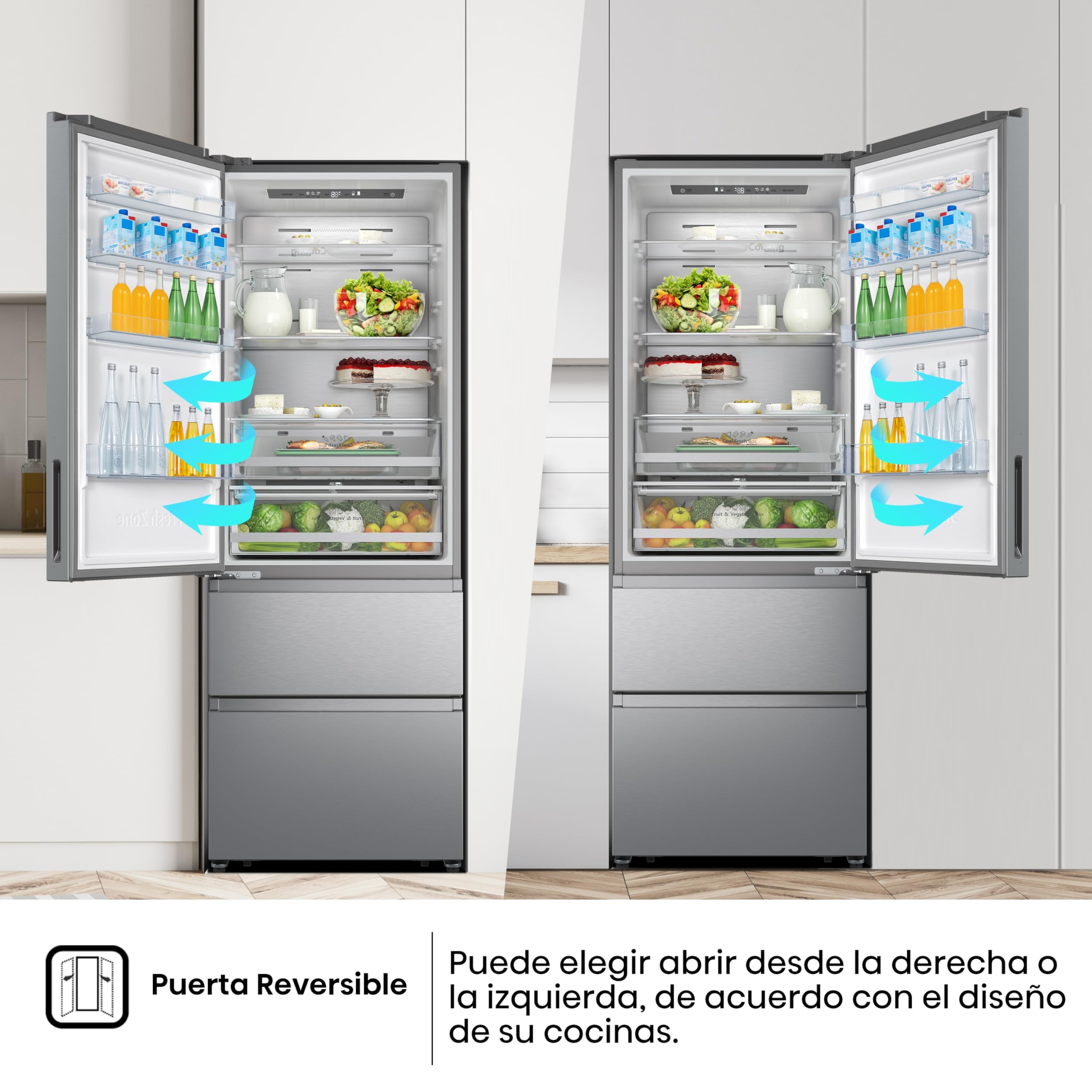 Hisense RT641N4AIE - Frigorífico Combi No Frost Inox Puerta Francesa, Eficiente Clase E, Capacidad 493 L con 200 cm Alto, Super Freeze, Total No Frost, Puerta Reversible, Silencioso 38dB, Color Inox