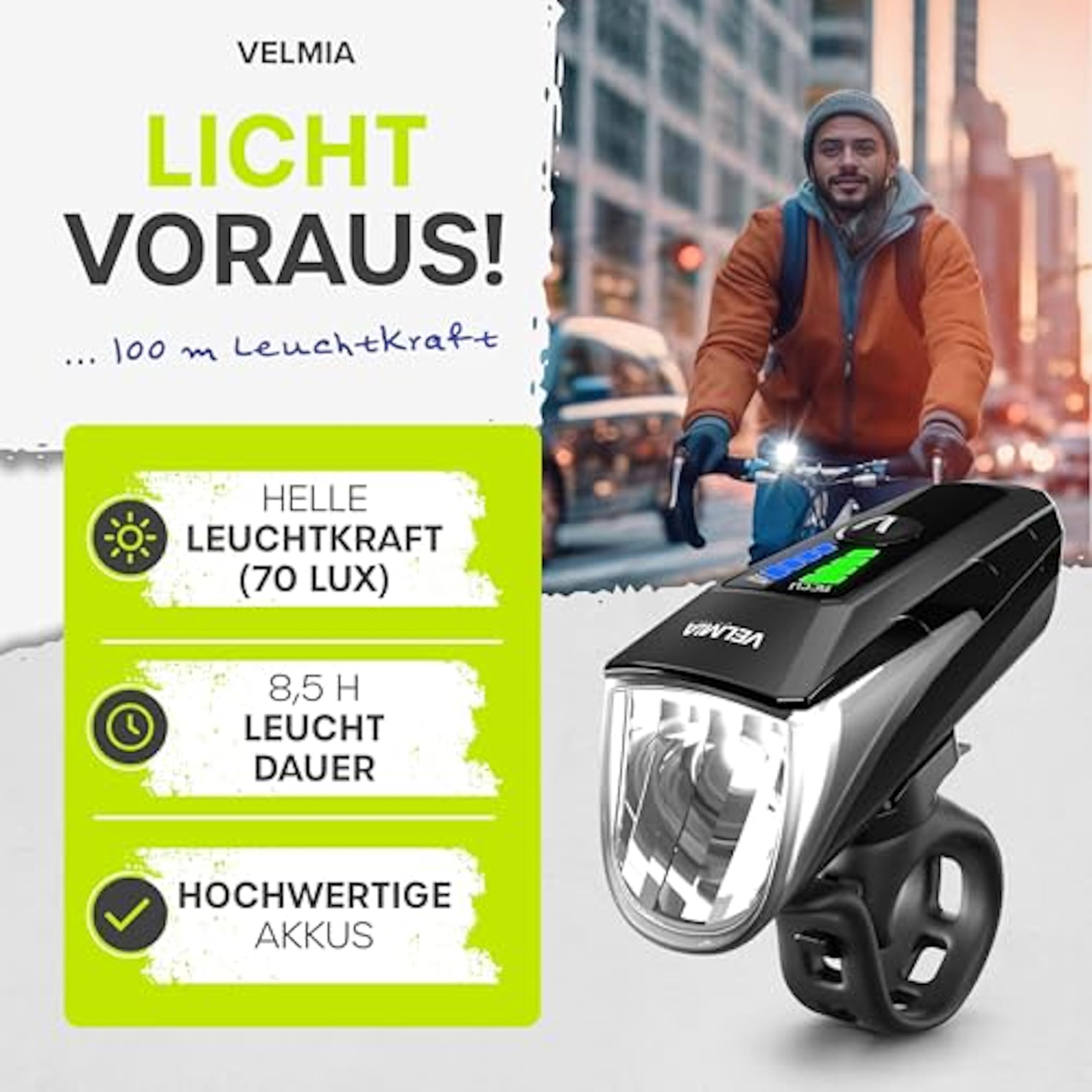 Velmia Zestaw świateł rowerowych dopuszczonych do ruchu drogowego (obowiązują przepisy lokalne), zasilanie bateryjne USB i czas świecenia 8,5 h, zestaw świateł rowerowych LED, odporne na deszcz i do