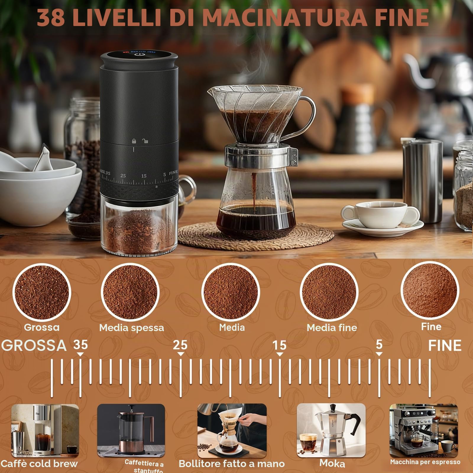 Macinacaffè Elettrico Portatile, Macinacaffè Conico In Ceramica, 38 Regolazioni della Macinatura e Display LED, 2000mAH Ricaricabile USB, Ideale per Casa, Ufficio, Campeggio e Viaggi (nero, L)