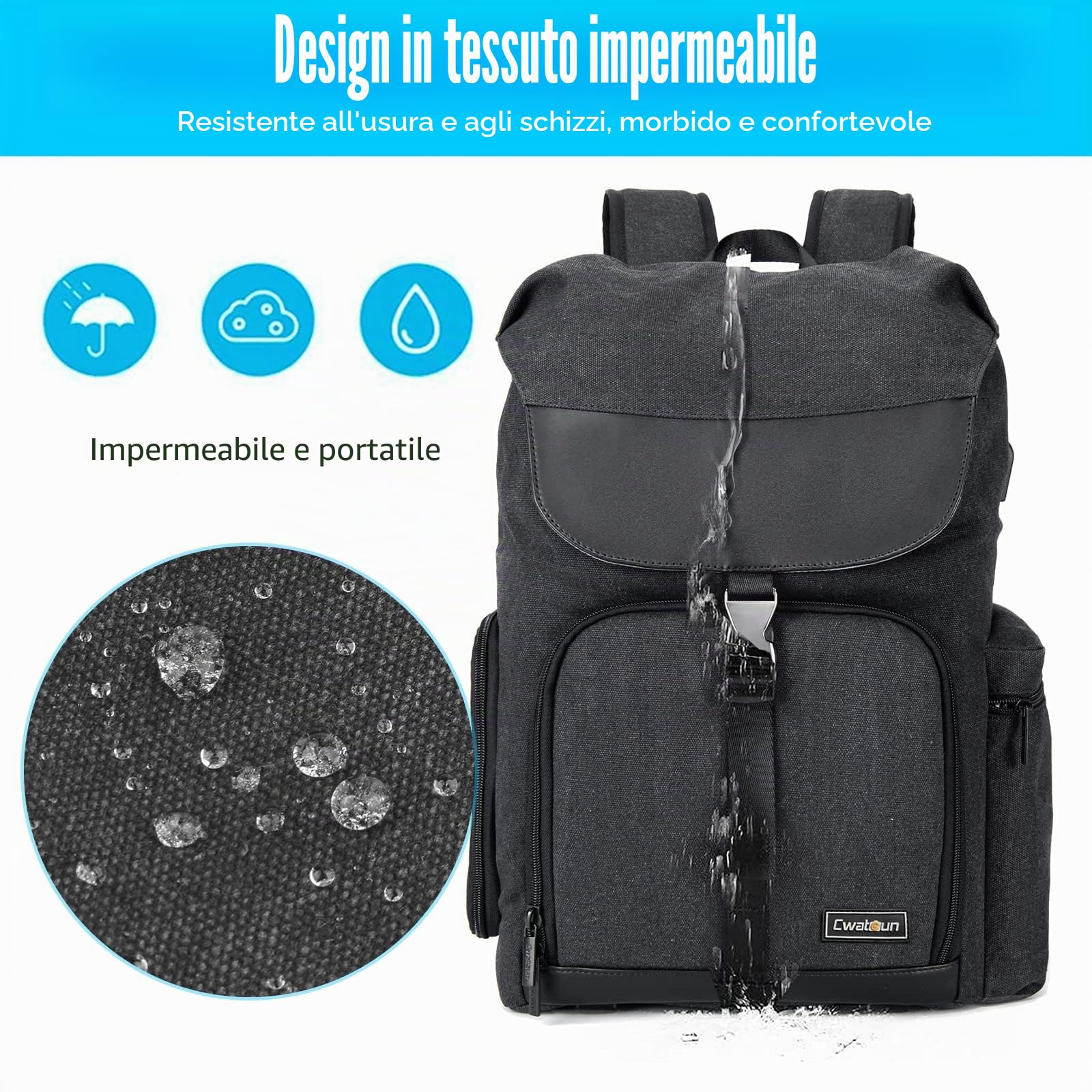 Cwatcun zaino fotocamera borsa in tela per reflex mirrorless Canon Nikon Sony Pentax obiettivo impermeabile fotocamera reflex con 15.6'' scomparto per computer portatile e cinghia treppiede,Nero