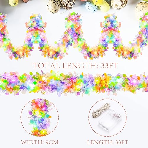 Miniatura 3 de Guirnalda de oropel de Pascua de 33 pies con luces LED preiluminada huevo de Pascua guirnalda de oropel metálica con giro que funciona con pilas