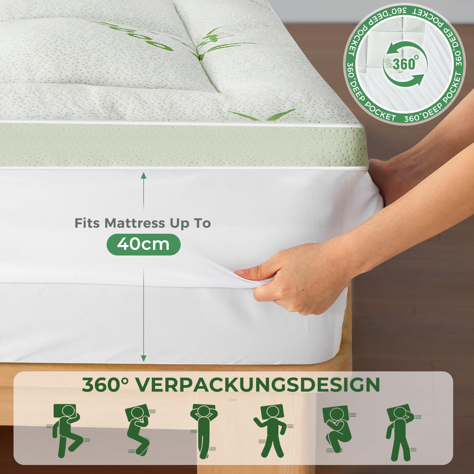 matratzen Topper 160x200cm aus Bambusfaser-Viskose, 1000g/m² weicher matratzentopper, Mattress Topper mit Taschen bis 40cm, matratzenauflage atmungsaktiv & maschinenwaschbar