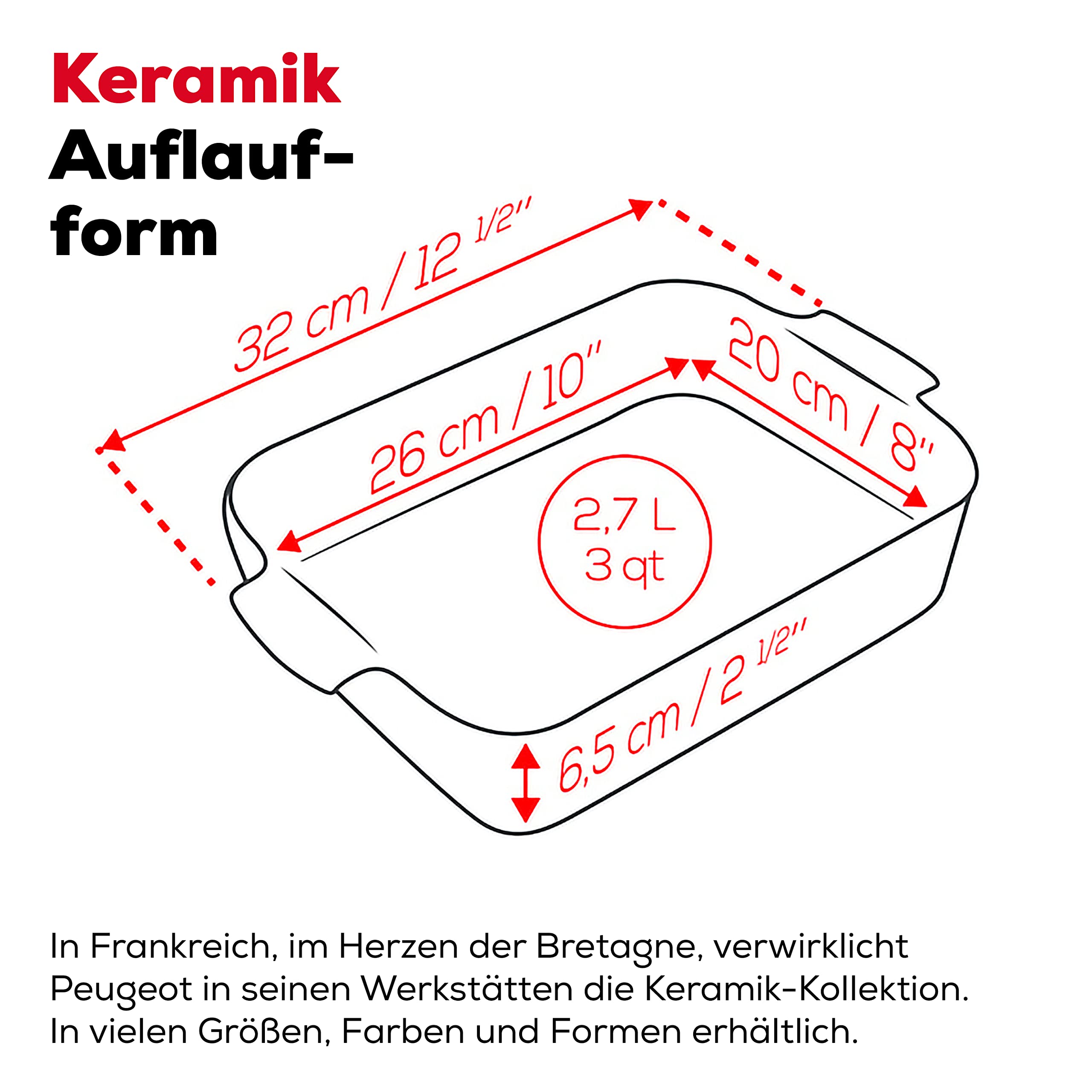 PEUGEOT - Rechteckige Auflaufform aus Keramik - 32 cm x 21,7 cm x 7,2 cm - Fassungsvermögen: 2,7 L - 10 Jahre Garantie - Auberginefarben