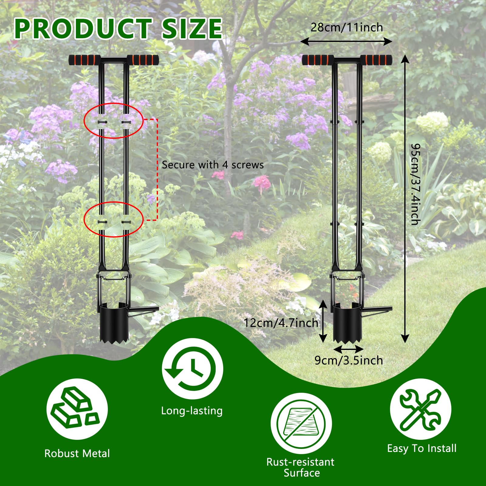 Planteur de Bulbes de 95 cm avec Gants, Profondeur de 11.9 cm, Aide à la Plantation avec Bord en Dents de Scie, Aérateur d'ampoule pour Tulipes, Jonquilles, Oignons, Pommes de Terre, Tomates