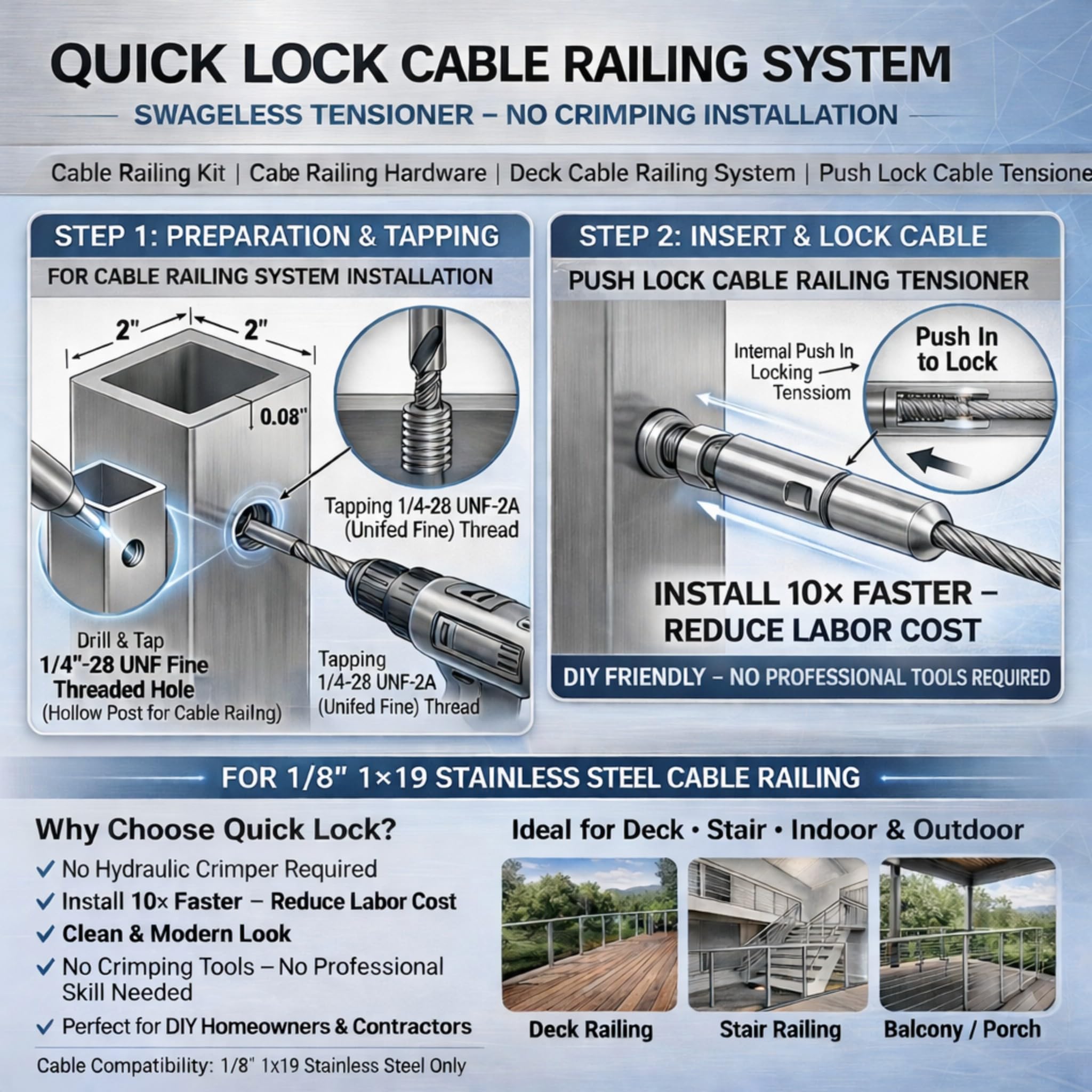 MR.RAIL, 1 paio di tenditori per ringhiere in acciaio inossidabile 316L, per sistemi di ringhiere per cavi da 1/8" 1 × 19, facile installazione, capacità di carico 7000N, per ringhiere orizzontali in