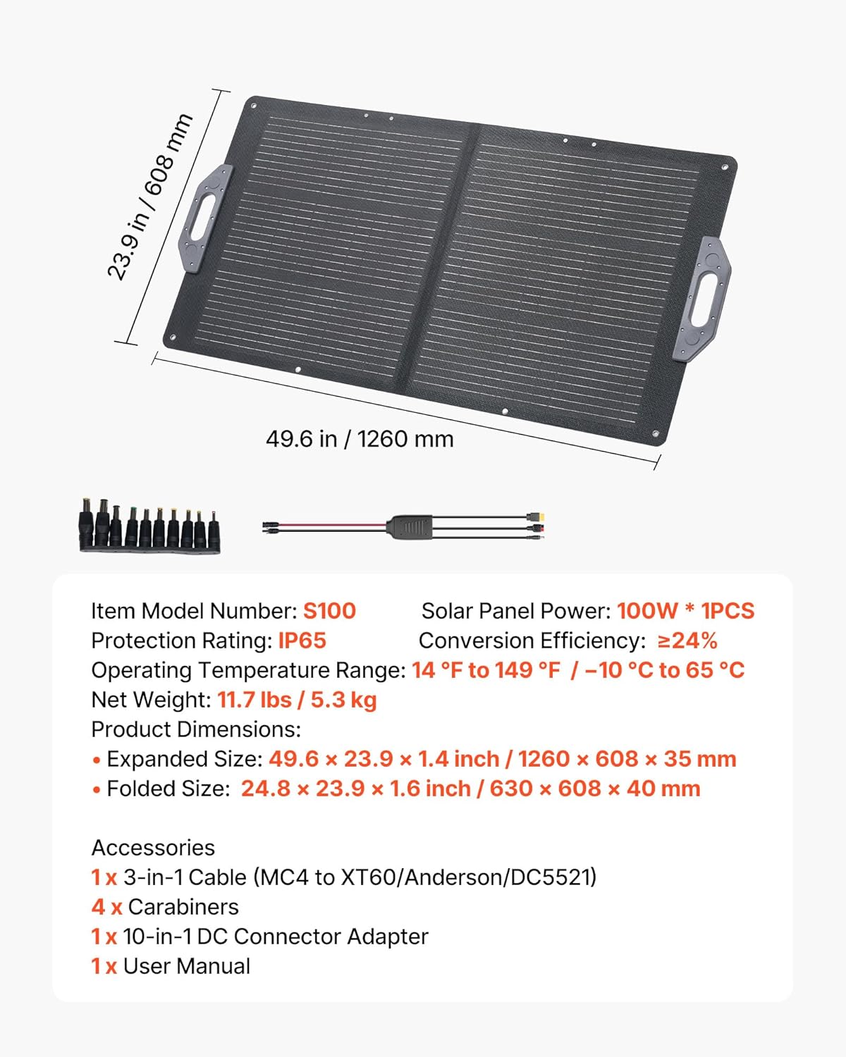 VEVOR 100W Foldable Solar Panel, 24% High-Efficiency Portable Monocrystalline Solar Panel Charger with MC4 Output, USB-A, Type-C & DC Ports, IP65 Waterproof for Power Stations, Camping, Hiking Trips