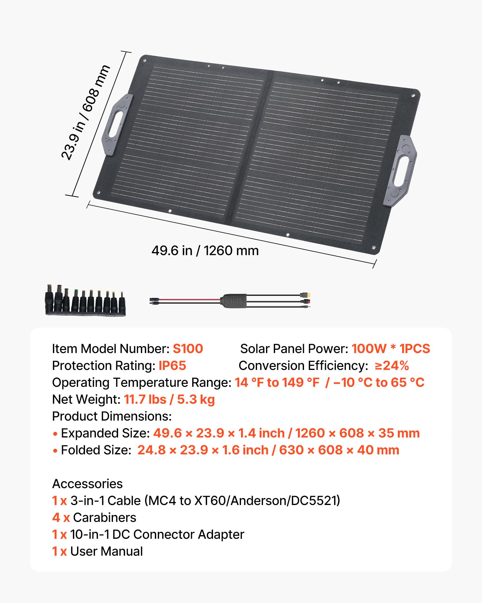 VEVOR Składany panel słoneczny 100 W, przenośny monokrystaliczny panel fotowoltaiczny z wyjściem MC4, porty USB-A, typ C, IP65 wodoodporny do elektrowni, na kemping, wędrówki