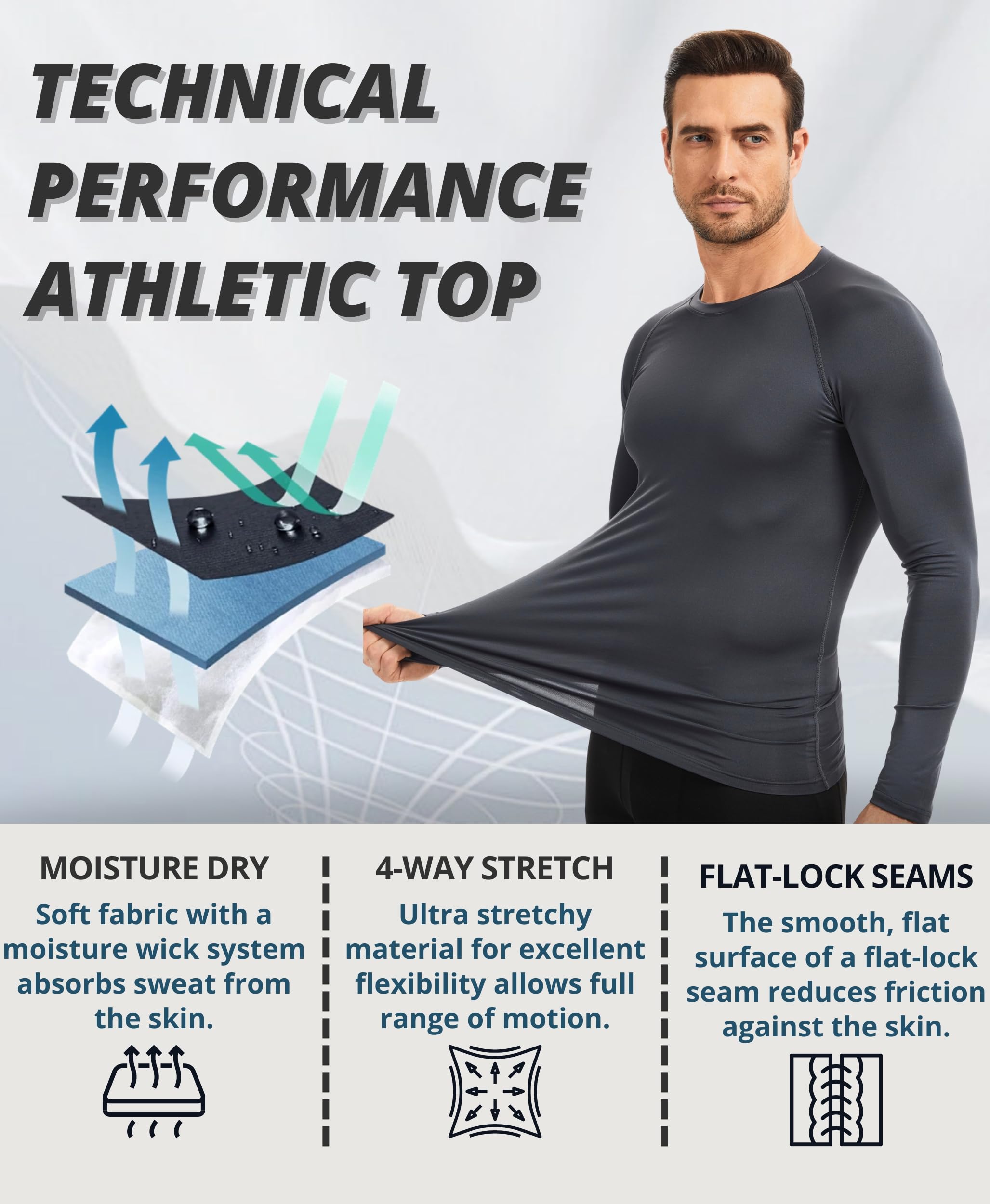 AMZSPORT Camiseta de Compresión de Manga Larga para Hombre Lote de 3 T-Shirt Transpirable Sport Running