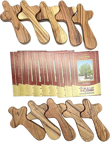 Zuluf CRS108Z - 10 cruces de madera de olivo regalos para iglesia con diez certificados de tierra santa Cuidadocelebración de bolsillo para oración