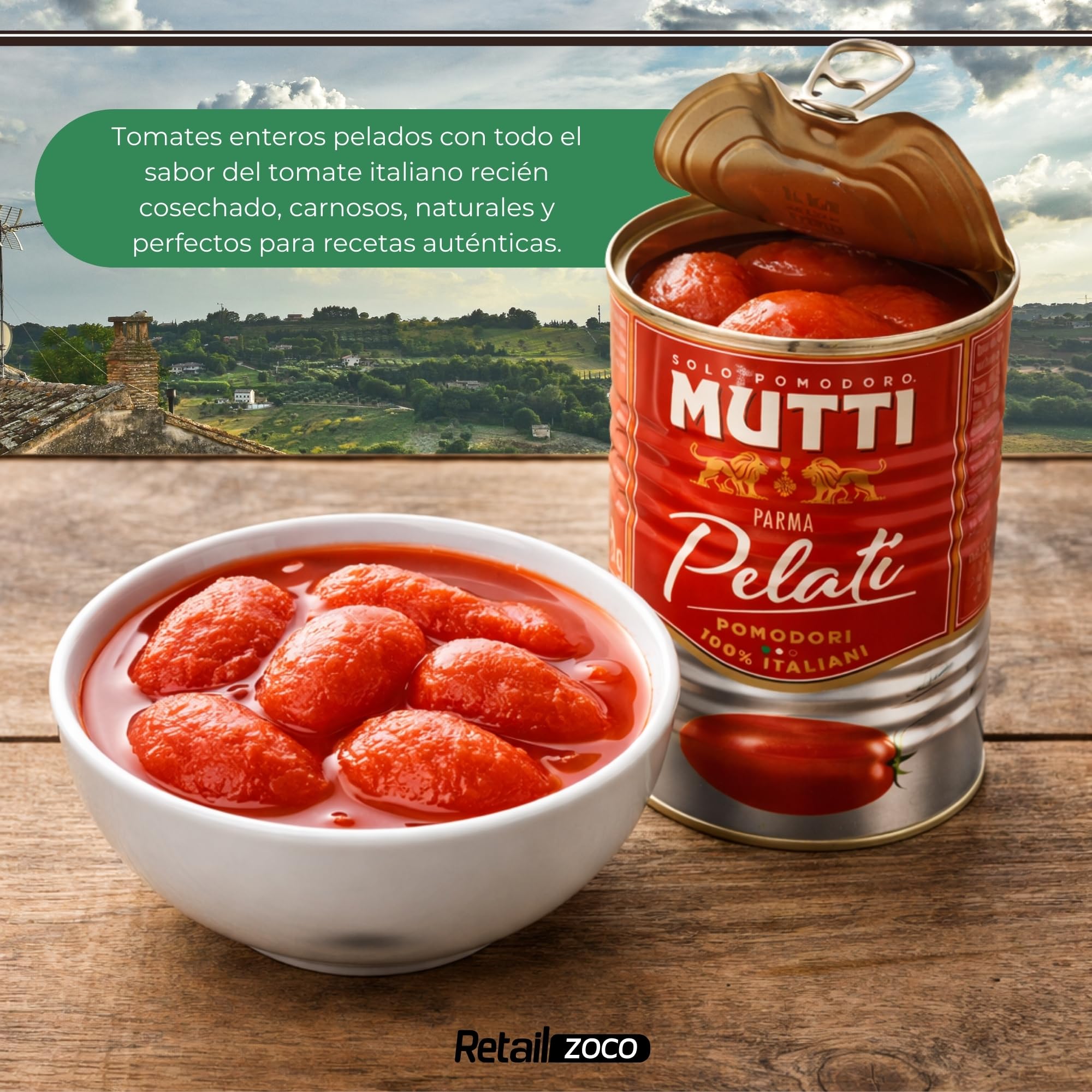 Tomate Pelado, Salsa Tomate Italiano, Para platos tradicionales mediterráneos, Elaborado con tomates pelados, zumo de tomate, Sin Gluten, Sin Lactosa, Sin huevos, Vegano, Contiene 4 Latas de 400 gr
