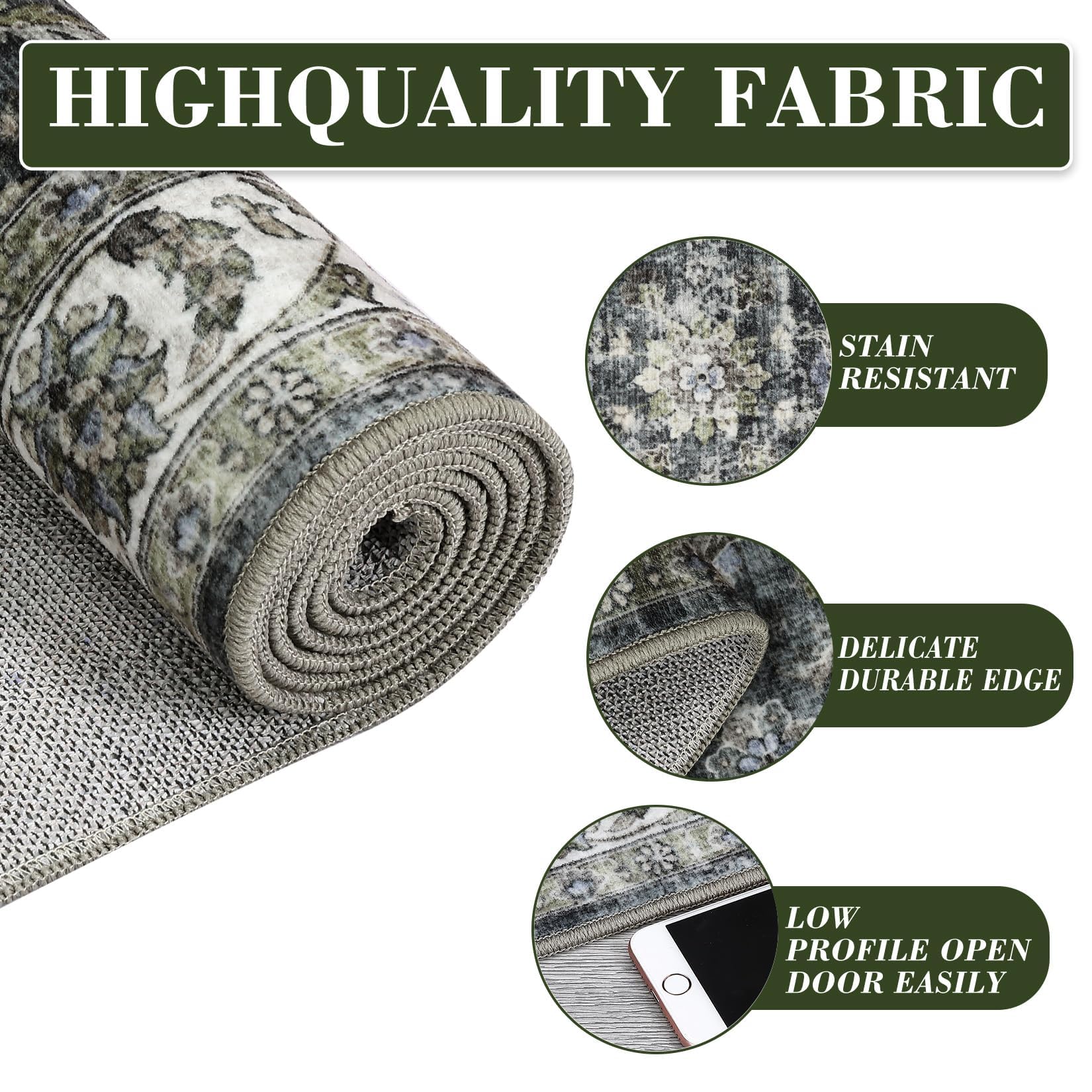 Tapis Salon Vintage Persan Lavable, Polyester Doux Ras (350 g/M²), Antidérapant TPR, Pliable, Chambre/Couloir/Cuisine