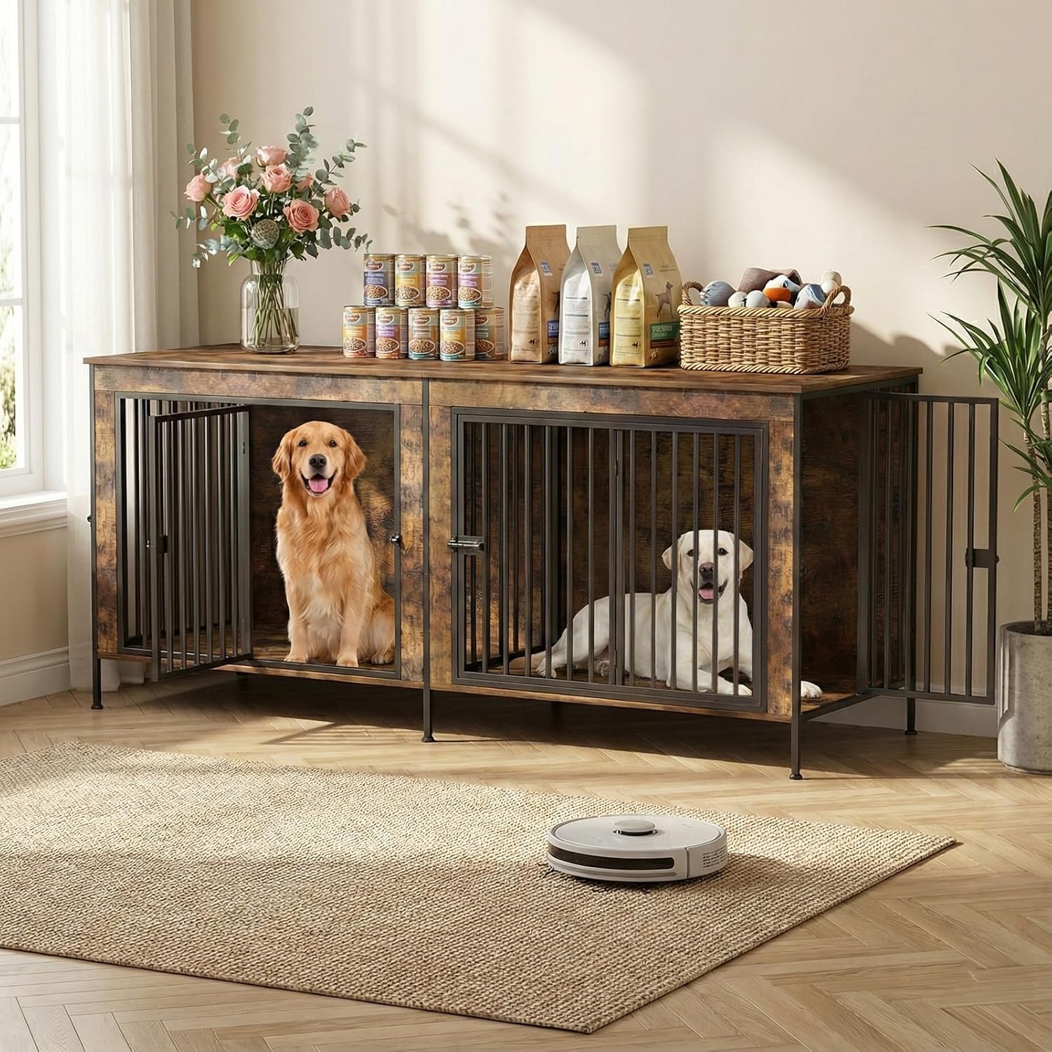 Dog Crate Furniture 78" Heavy Duty for 2 Large Dog, Sturdy Indoor Dog Kennel Table with 3 Doors, Elevated Robot Vacuum Friendly Base, Decorative Cage TV Stand & End Table, Rustic Brown
