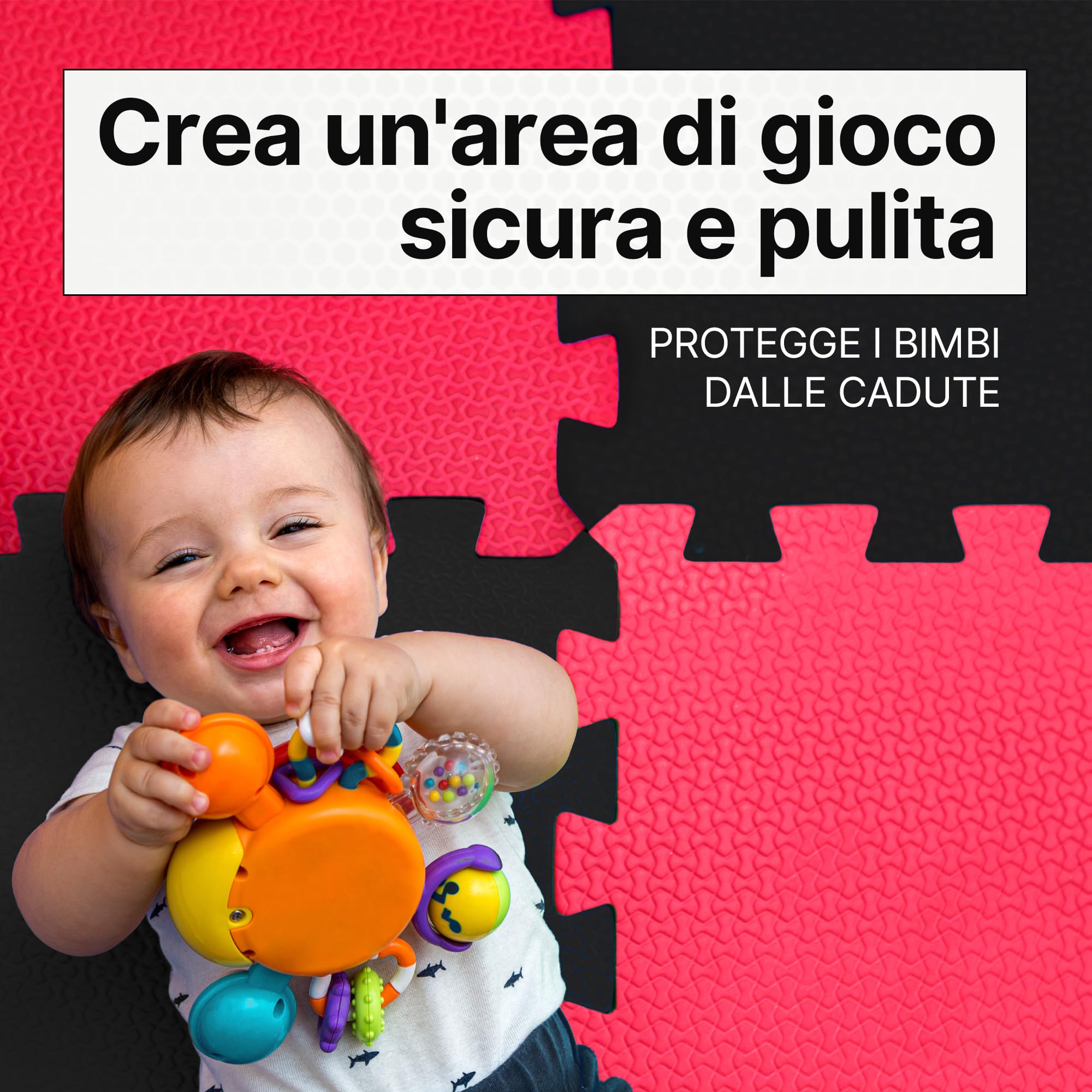 Tappeto Puzzle Palestra 5,06 m² - 25 Pezzi 45cm (13 Neri, 12 Rossi), Spessore 8 mm - Tappeto Gomma Antiscivolo per Home Gym, Area gioco Bambini, Allenamento Casa, Salvapavimento