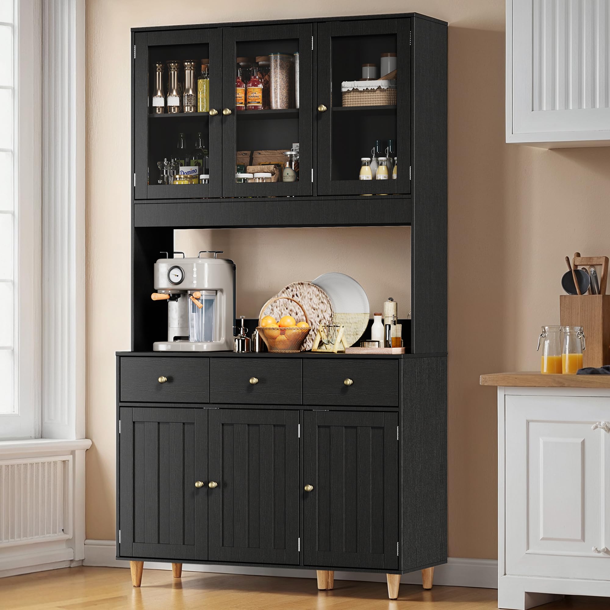 Vaisselier, Armoire de Cuisine Haute avec LED, Buffet avec 6 Portes et 3 Tiroirs,Vaisselier Vitrine avec des Portes d'armoire Transparentes,pour Le Salon et la Cuisine,180×38×180cm, Noir