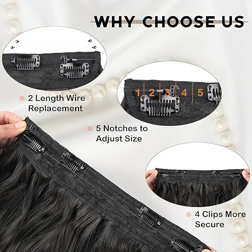 Miniatura 3 de Extensiones de cabello tipo halo de 20 pulgadas, con alambre invisible, largo, ondulado, negro, para mujer, tamaño ajustable, 4 clips (1B, negro)