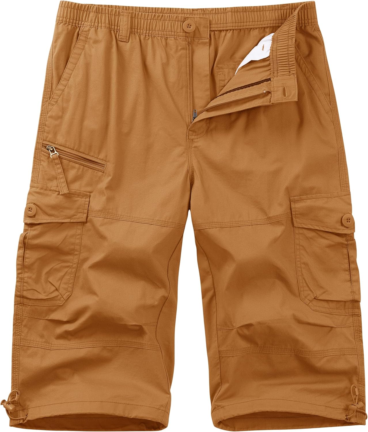 Cotrasen Men's Cargo Shorts Cotton Casual Below Knee Long Shorts Twill Elastic 3/4 Capri Pants with 7 Pockets