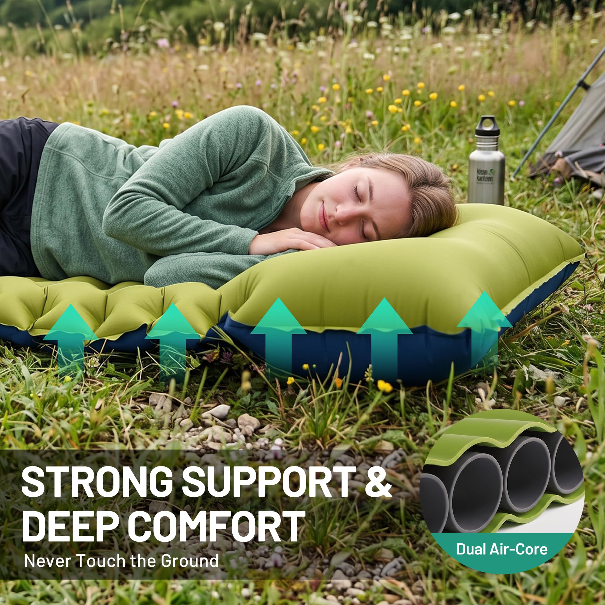 OVERMONT Materassino da Campeggio Gonfiabile Ultraleggero, 12 cm | Pompa a piede e cuscino integrati; compatto per trekking, escursionismo, campeggio in tenda, viaggi in auto e vacanze